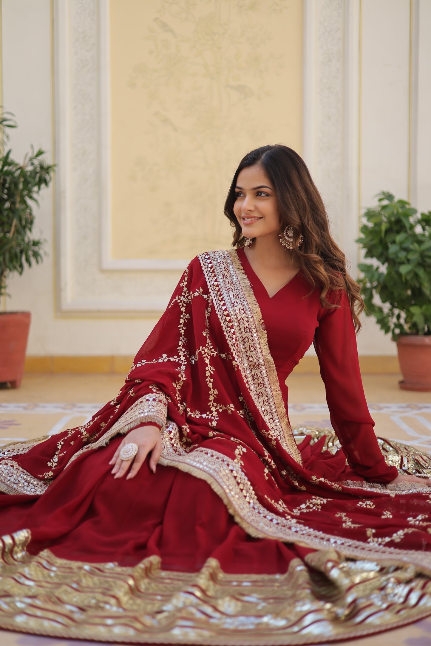 Designer Maroon Faux Blooming Gown with Zari & Sequin Work Dupatta | Ready-Made Party Wear