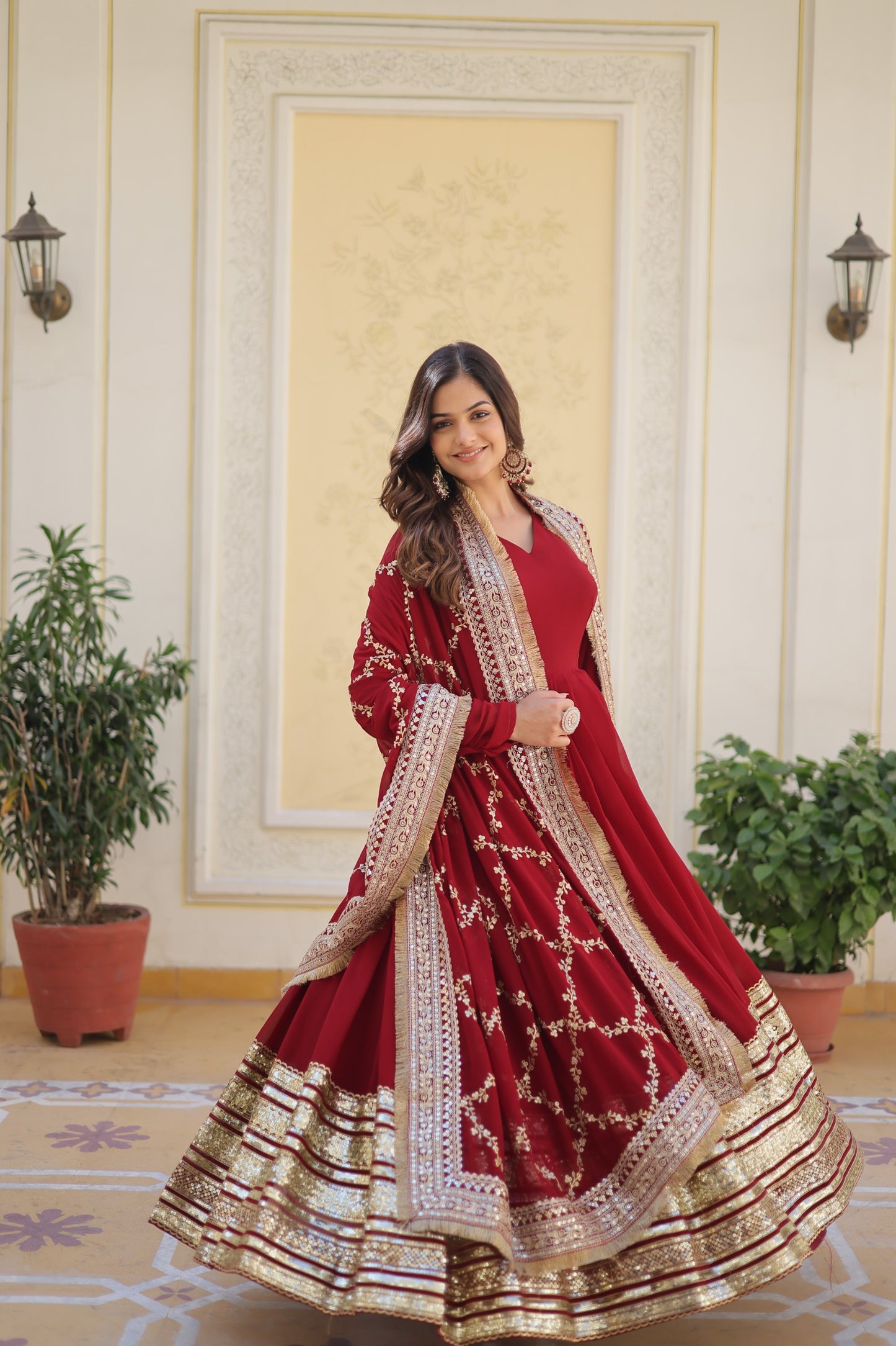 Designer Maroon Faux Blooming Gown with Zari & Sequin Work Dupatta | Ready-Made Party Wear