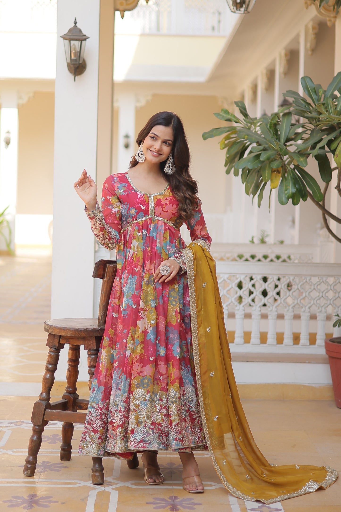 Designer Alia Cut Gown with Dupatta – Digital Printed Russian Silk with Zari & Sequins Work