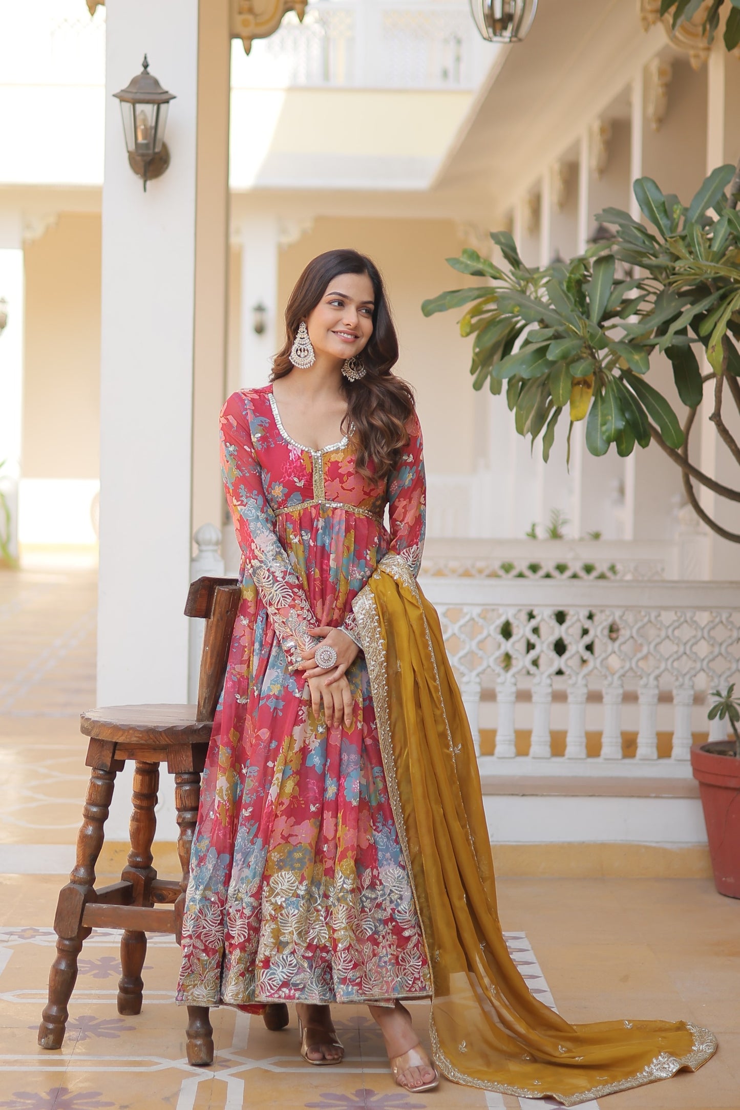 Designer Alia Cut Gown with Dupatta – Digital Printed Russian Silk with Zari & Sequins Work