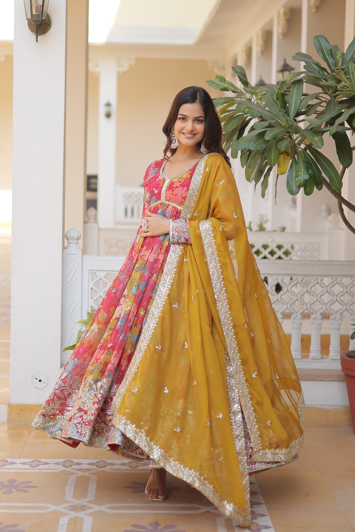 Designer Alia Cut Gown with Dupatta – Digital Printed Russian Silk with Zari & Sequins Work