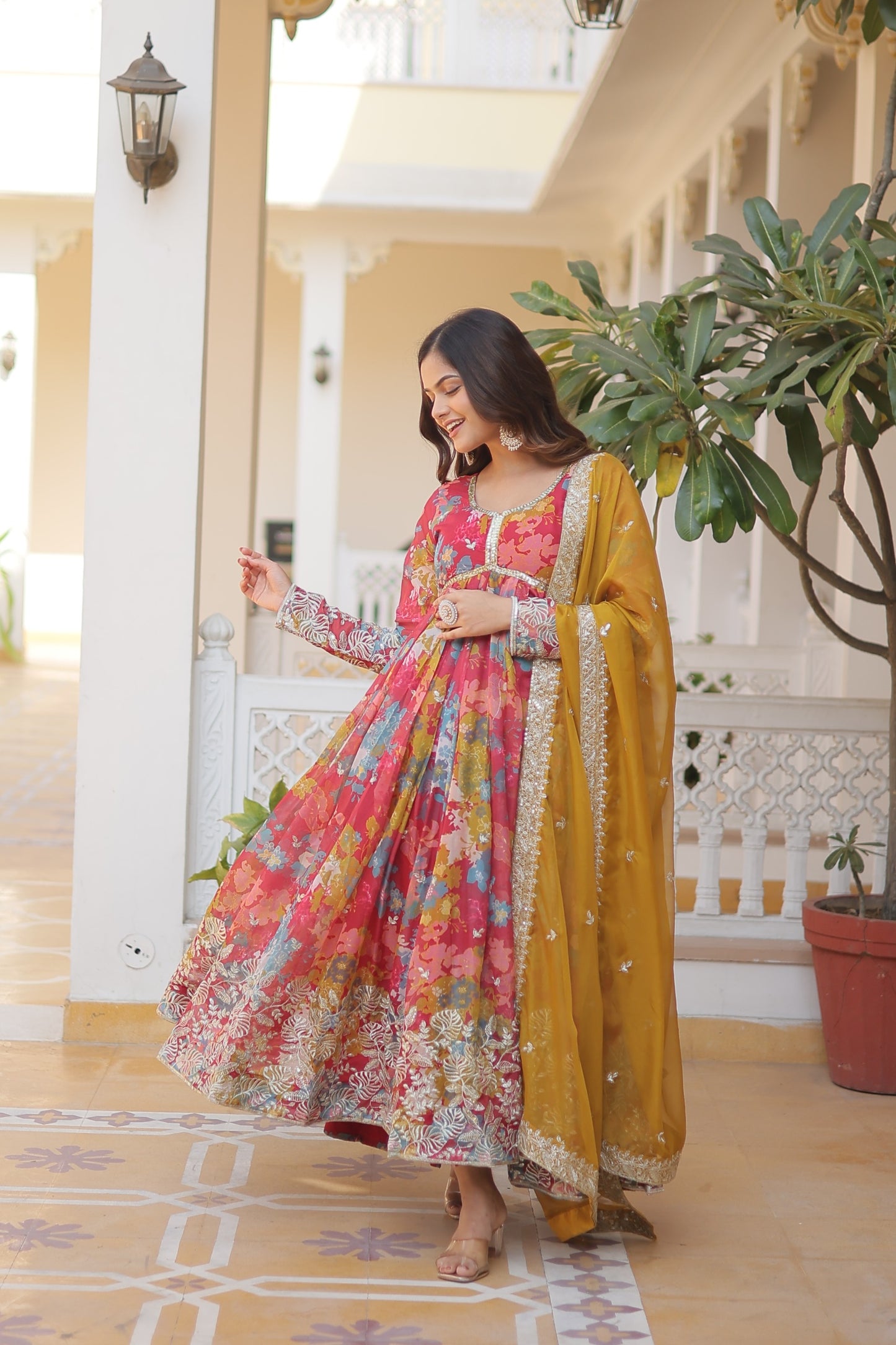 Designer Alia Cut Gown with Dupatta – Digital Printed Russian Silk with Zari & Sequins Work