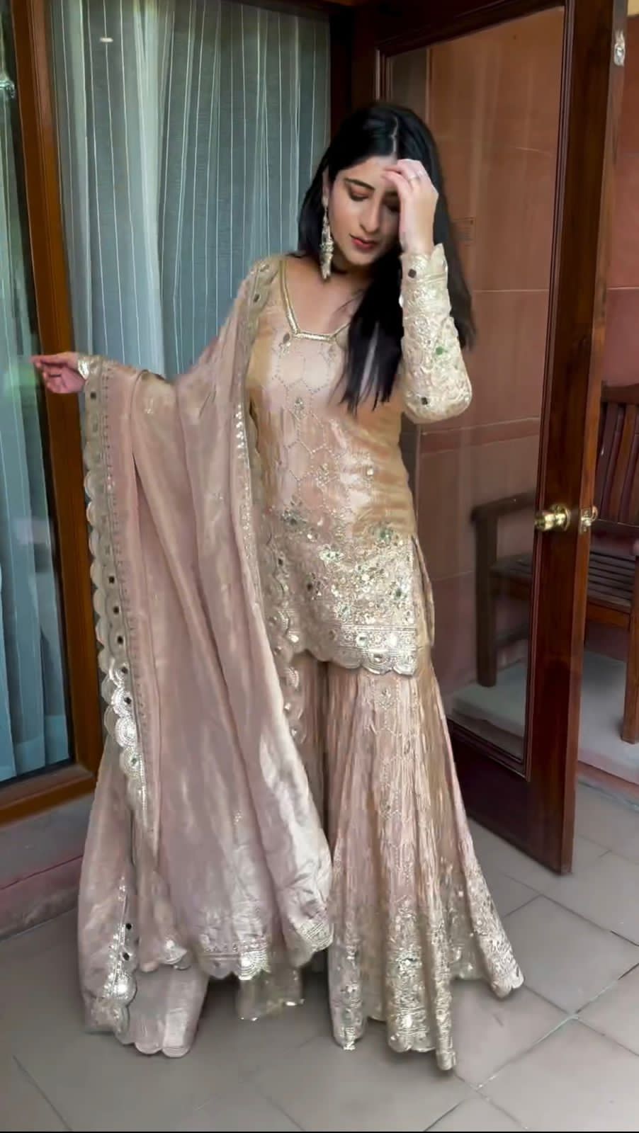 Chinnon Silk Sharara Set with Heavy Embroidery & Real Mirror Work | Ready-to-Wear Party Wear