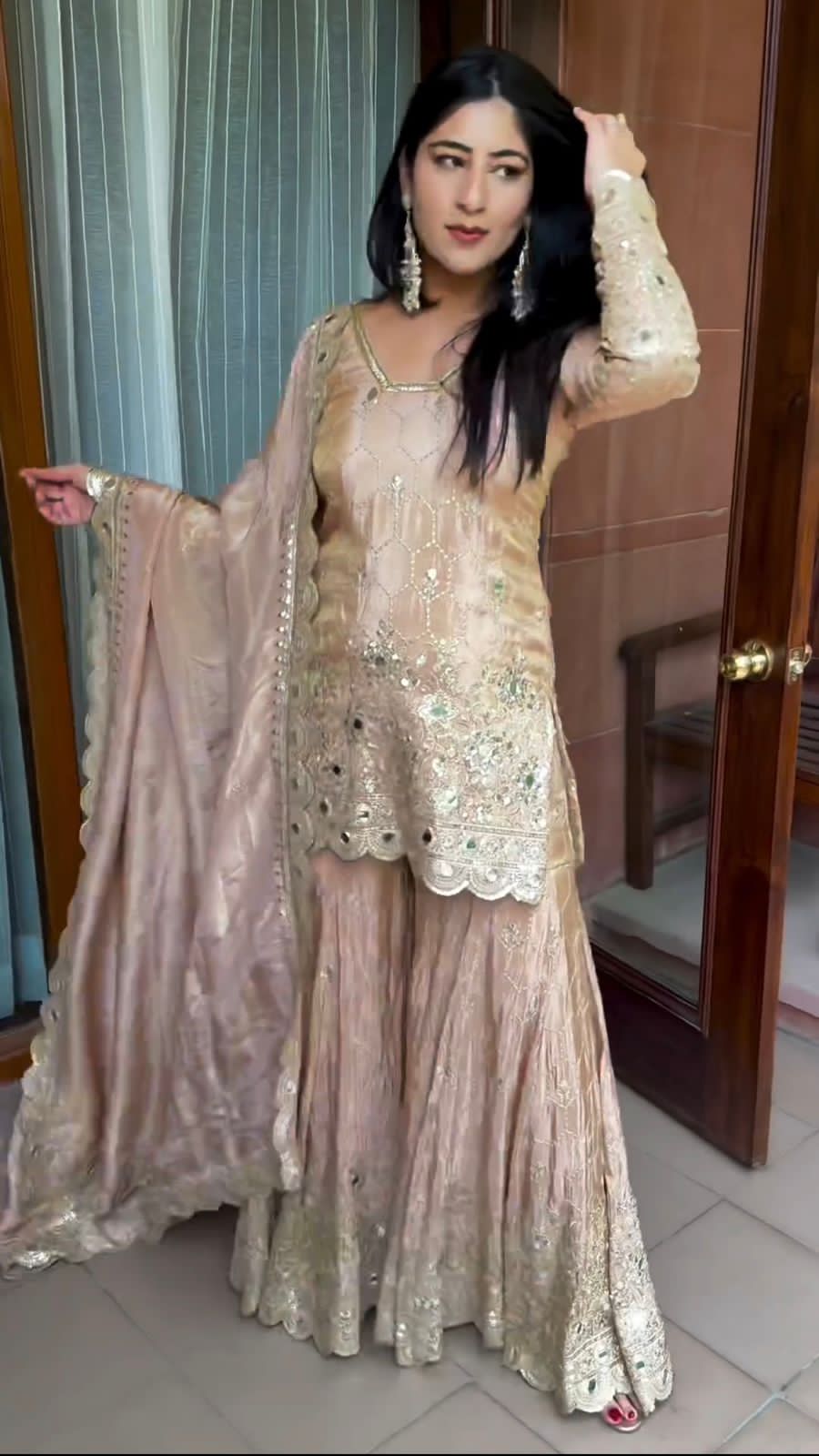 Chinnon Silk Sharara Set with Heavy Embroidery & Real Mirror Work | Ready-to-Wear Party Wear