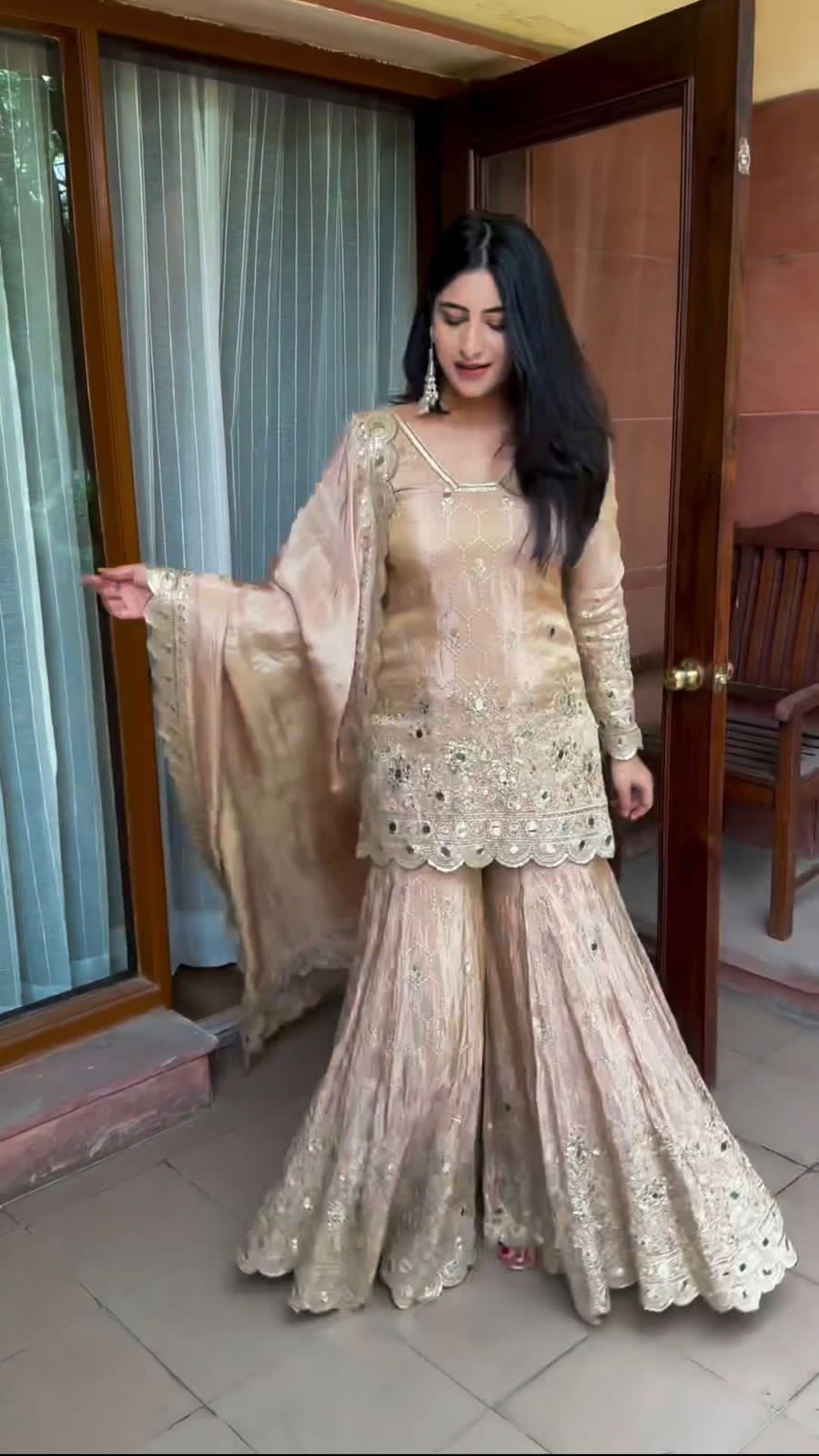 Chinnon Silk Sharara Set with Heavy Embroidery & Real Mirror Work | Ready-to-Wear Party Wear