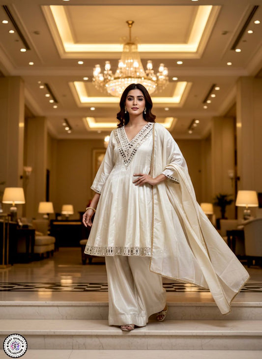 Designer Chinon Suit Set with Real Mirror Work | Ready-Made Top Bottom & Dupatta