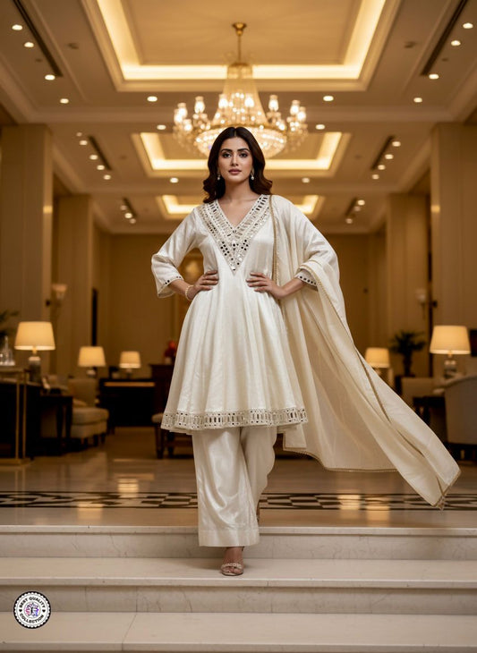 Designer Chinon Suit Set with Real Mirror Work | Ready-Made Top Bottom & Dupatta