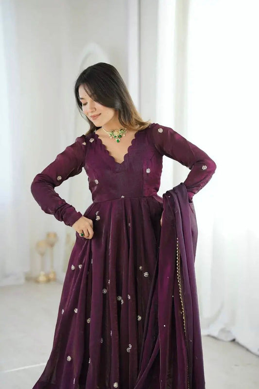 Designer Crunchy Silk Anarkali Suit with Sequin Embroidery & Moti Work Dupatta