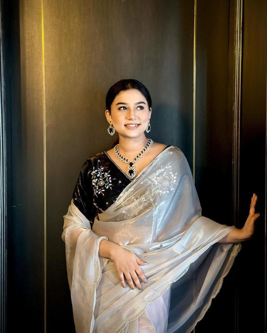 Designer Glass Silk Saree with Intricate Handwork & Running Blouse Piece