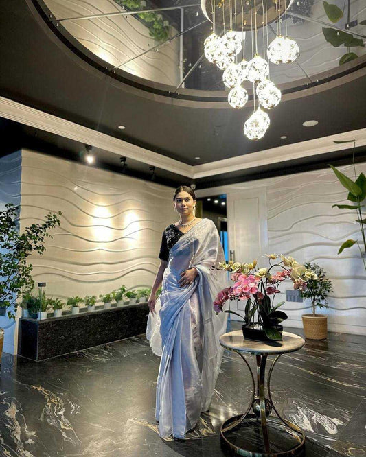 Designer Glass Silk Saree with Intricate Handwork & Running Blouse Piece