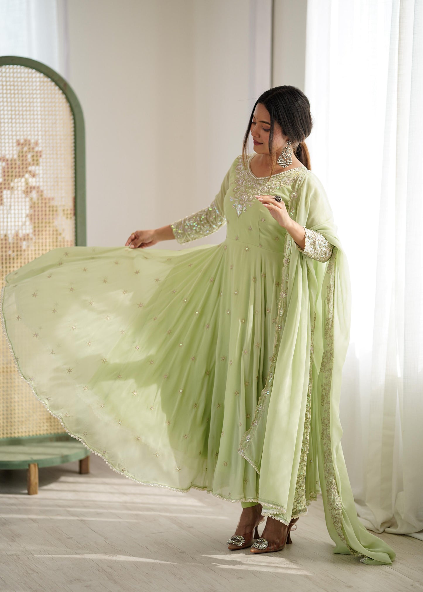 Elegant Embroidered Rembo Sequence Designer Anarkali Three Piece Set