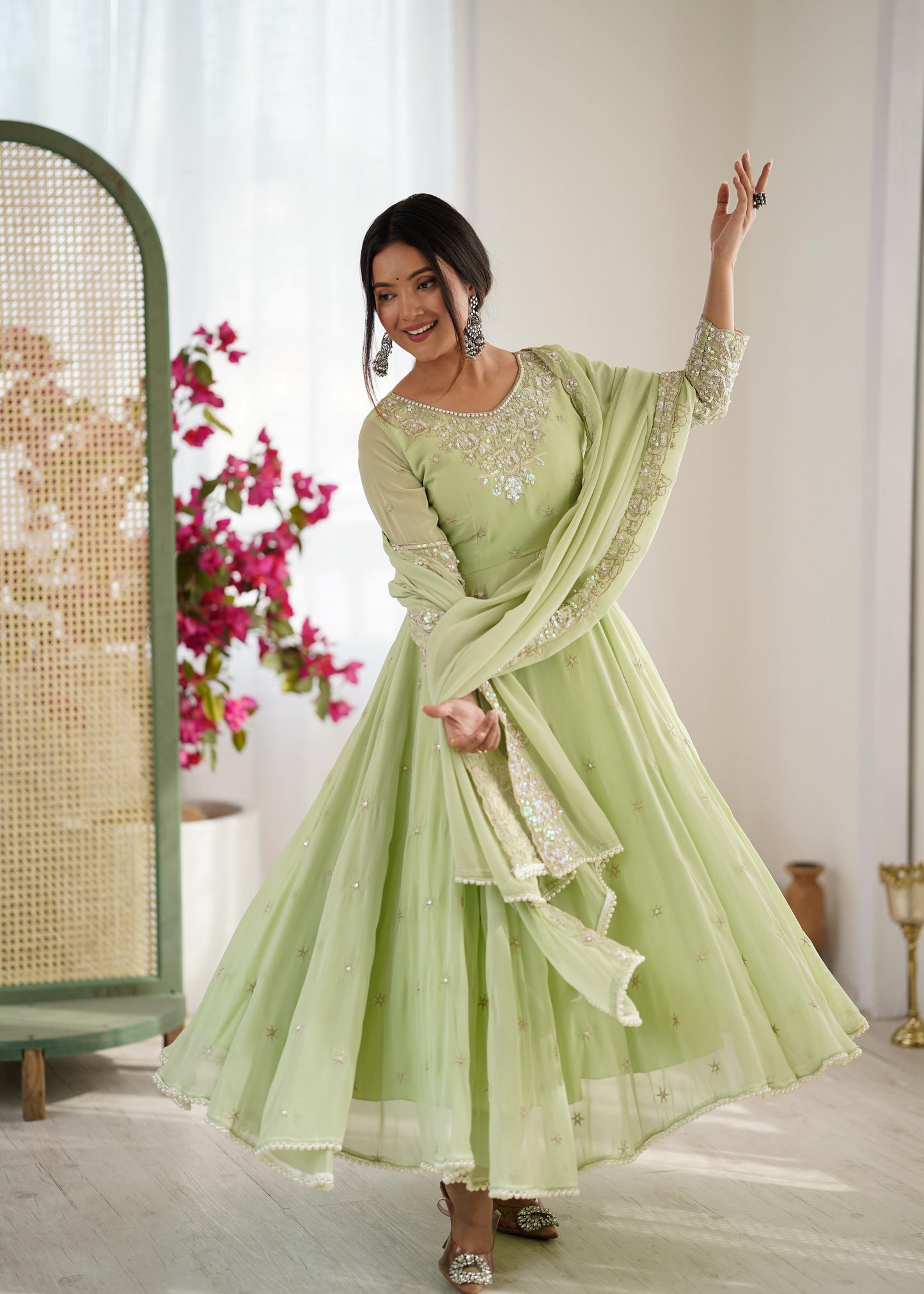 Elegant Embroidered Rembo Sequence Designer Anarkali Three Piece Set
