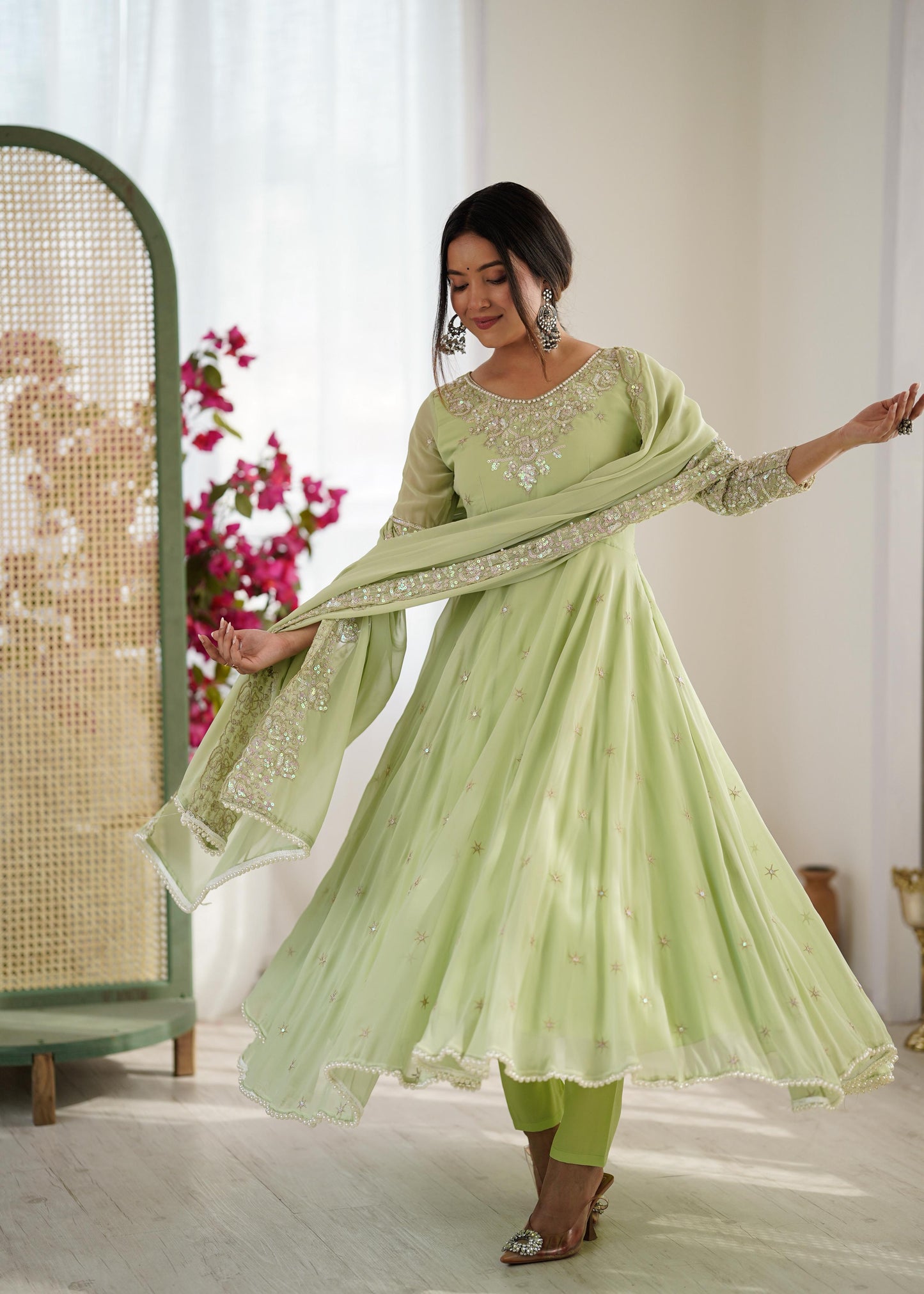 Elegant Embroidered Rembo Sequence Designer Anarkali Three Piece Set