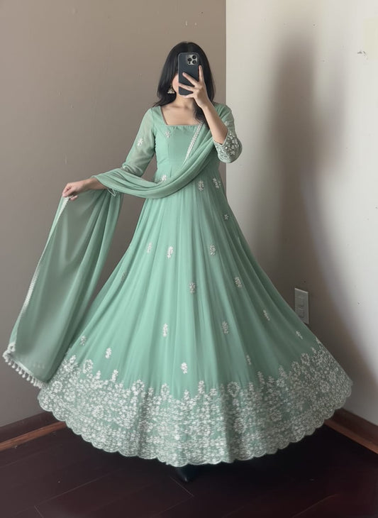 Pastel Green Faux Georgette Anarkali Suit with Heavy Embroidery & Dupatta