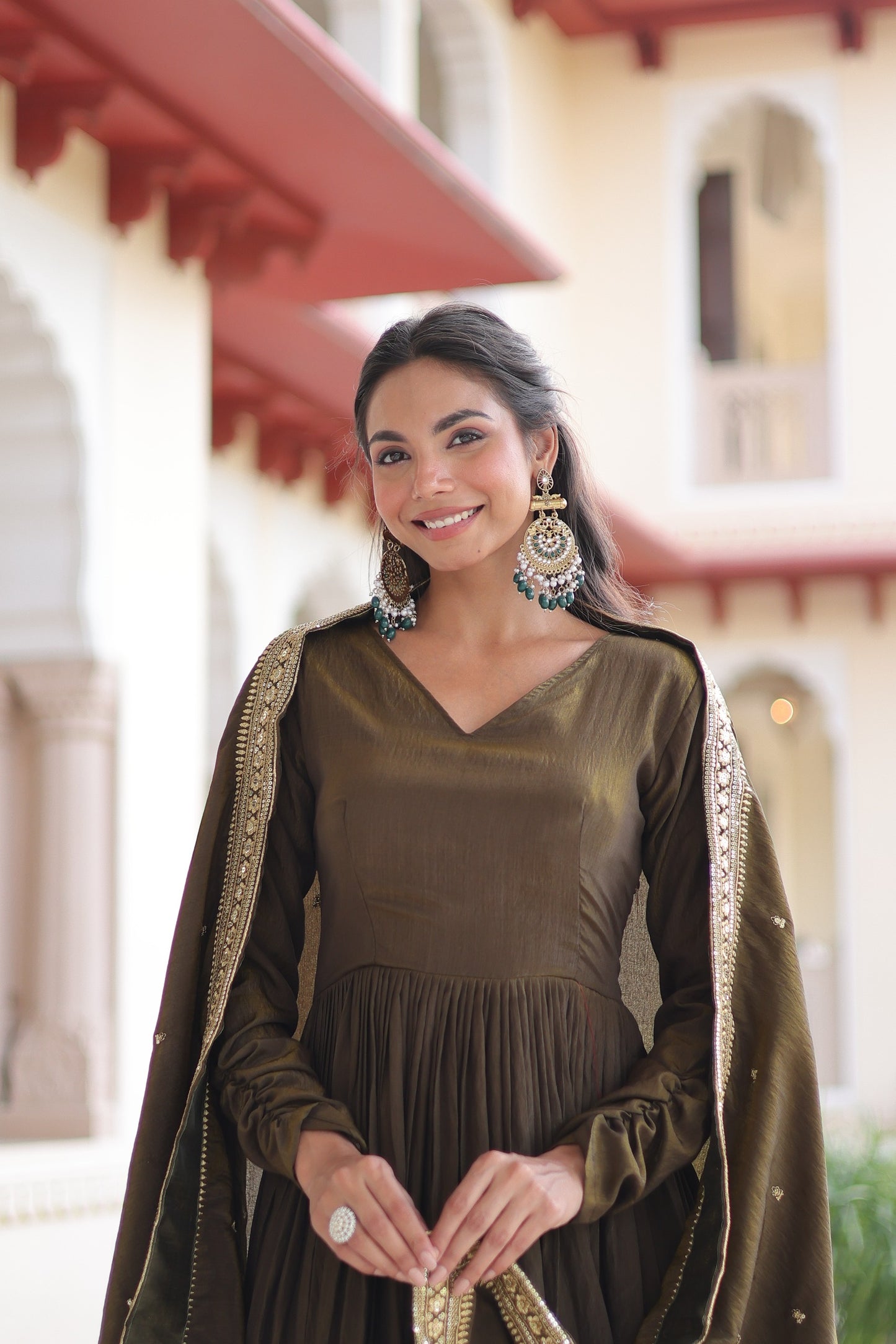 Designer Vichitra Silk Gown with Sequins Embroidery & Lace Dupatta