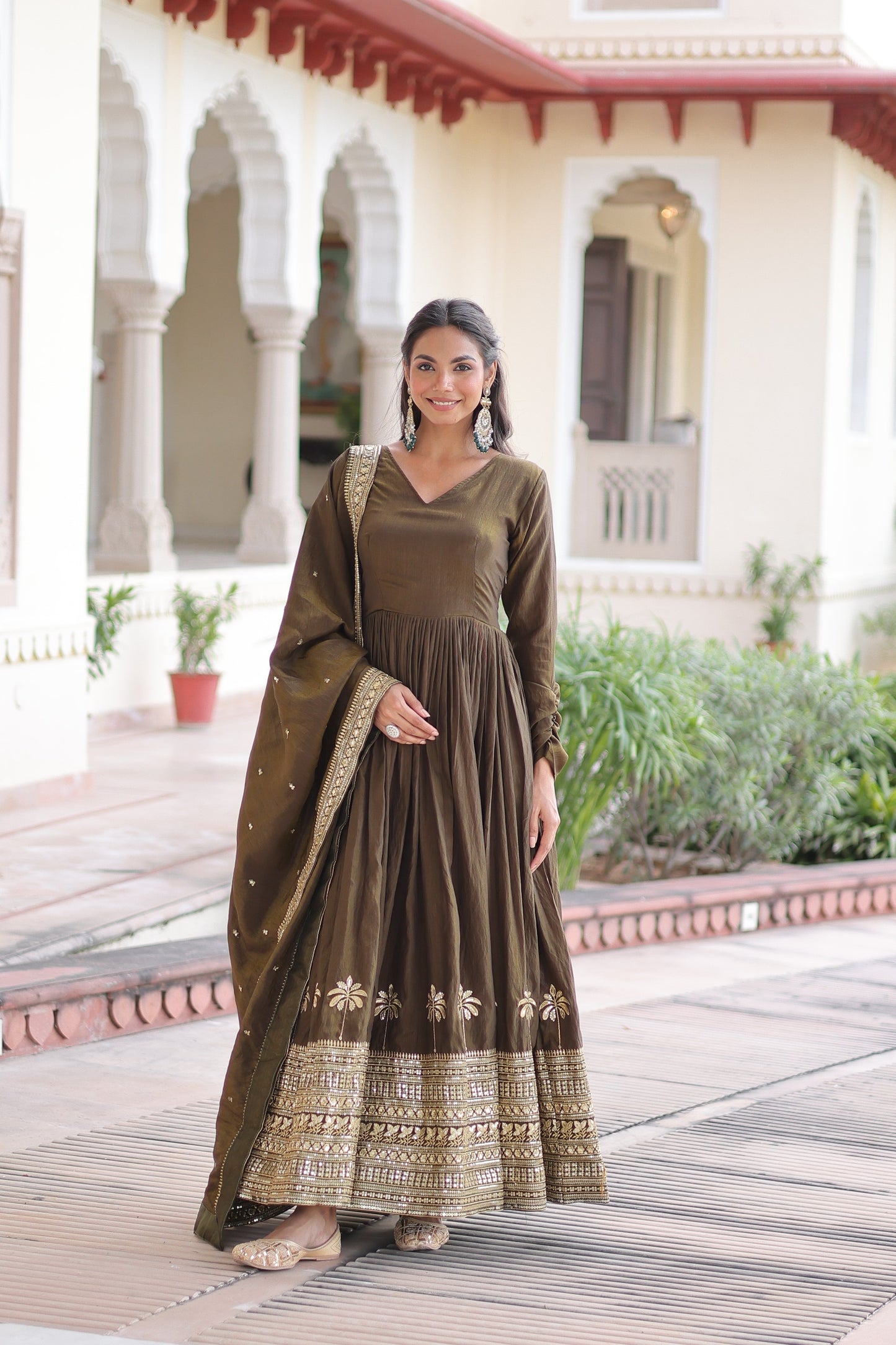 Designer Vichitra Silk Gown with Sequins Embroidery & Lace Dupatta
