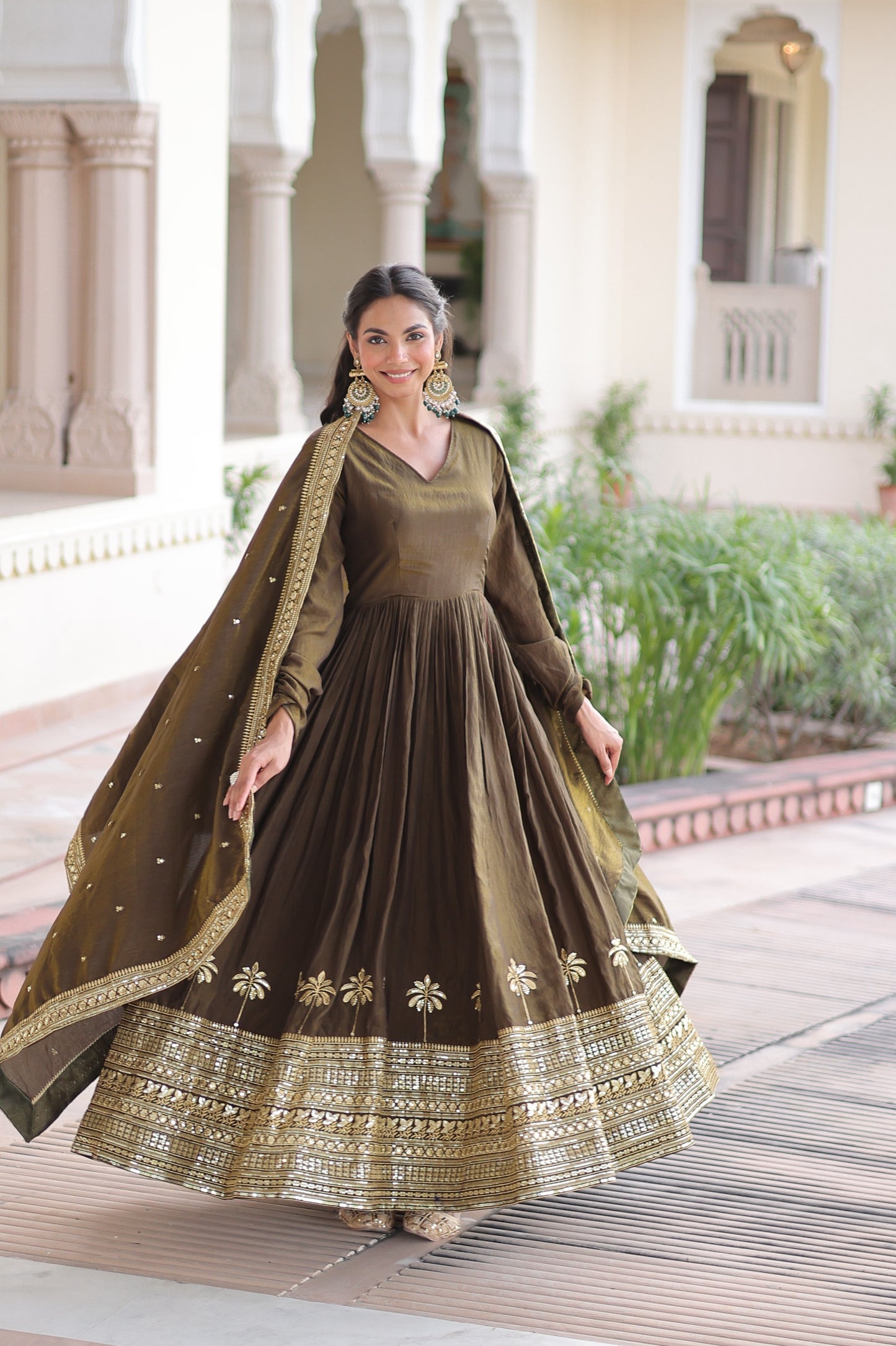 Designer Vichitra Silk Gown with Sequins Embroidery & Lace Dupatta