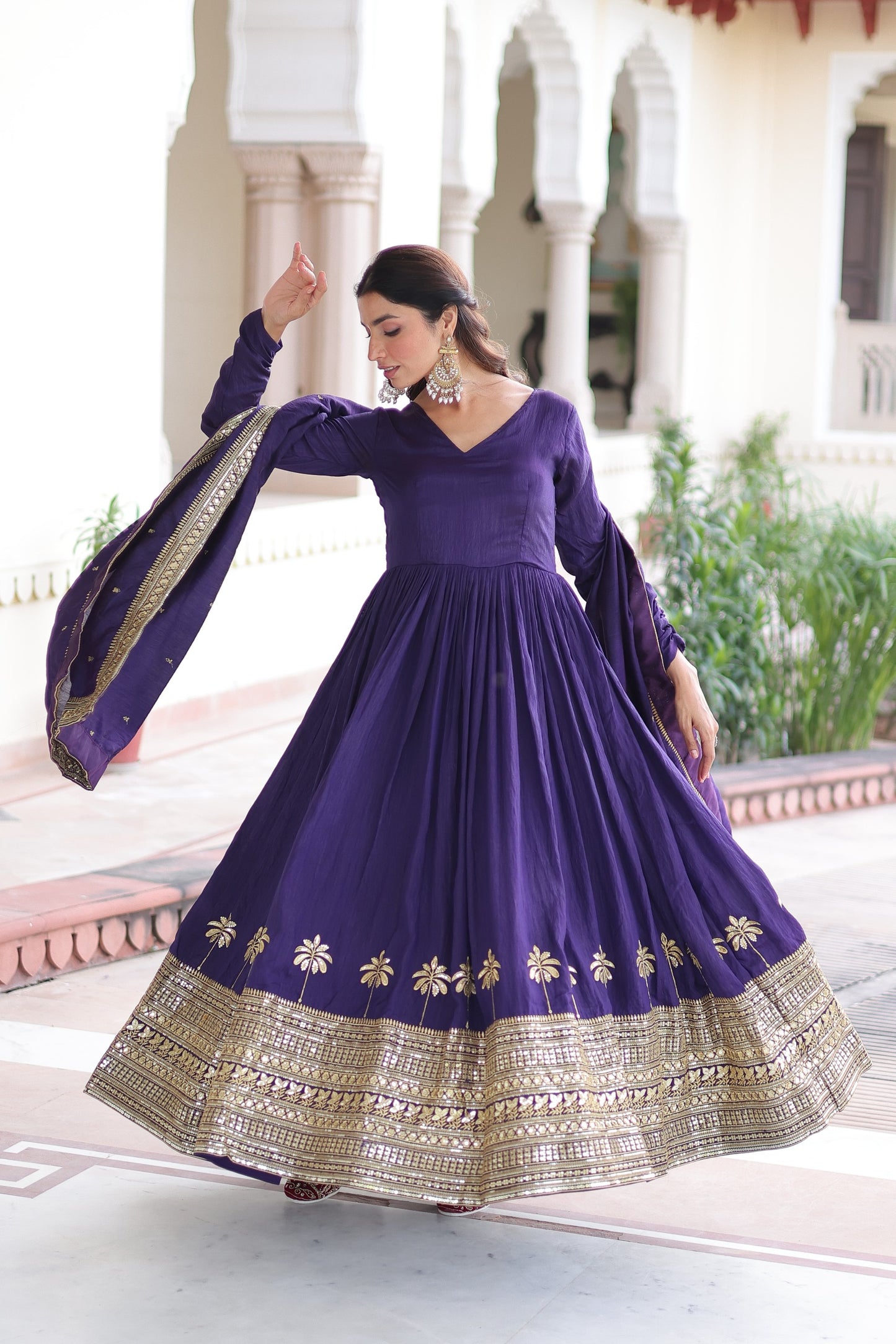 Designer Vichitra Silk Gown with Sequins Embroidery & Lace Dupatta