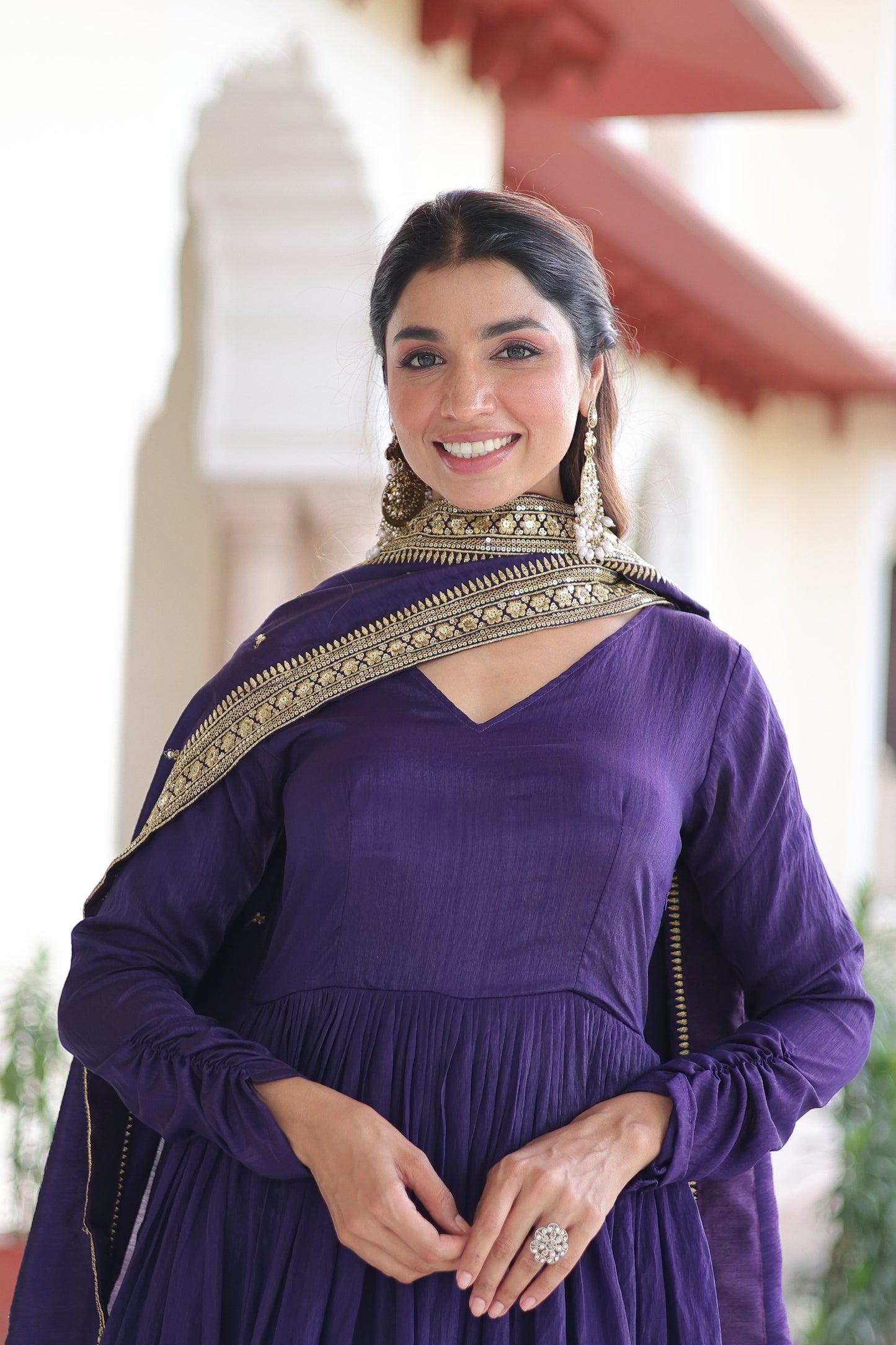 Designer Vichitra Silk Gown with Sequins Embroidery & Lace Dupatta