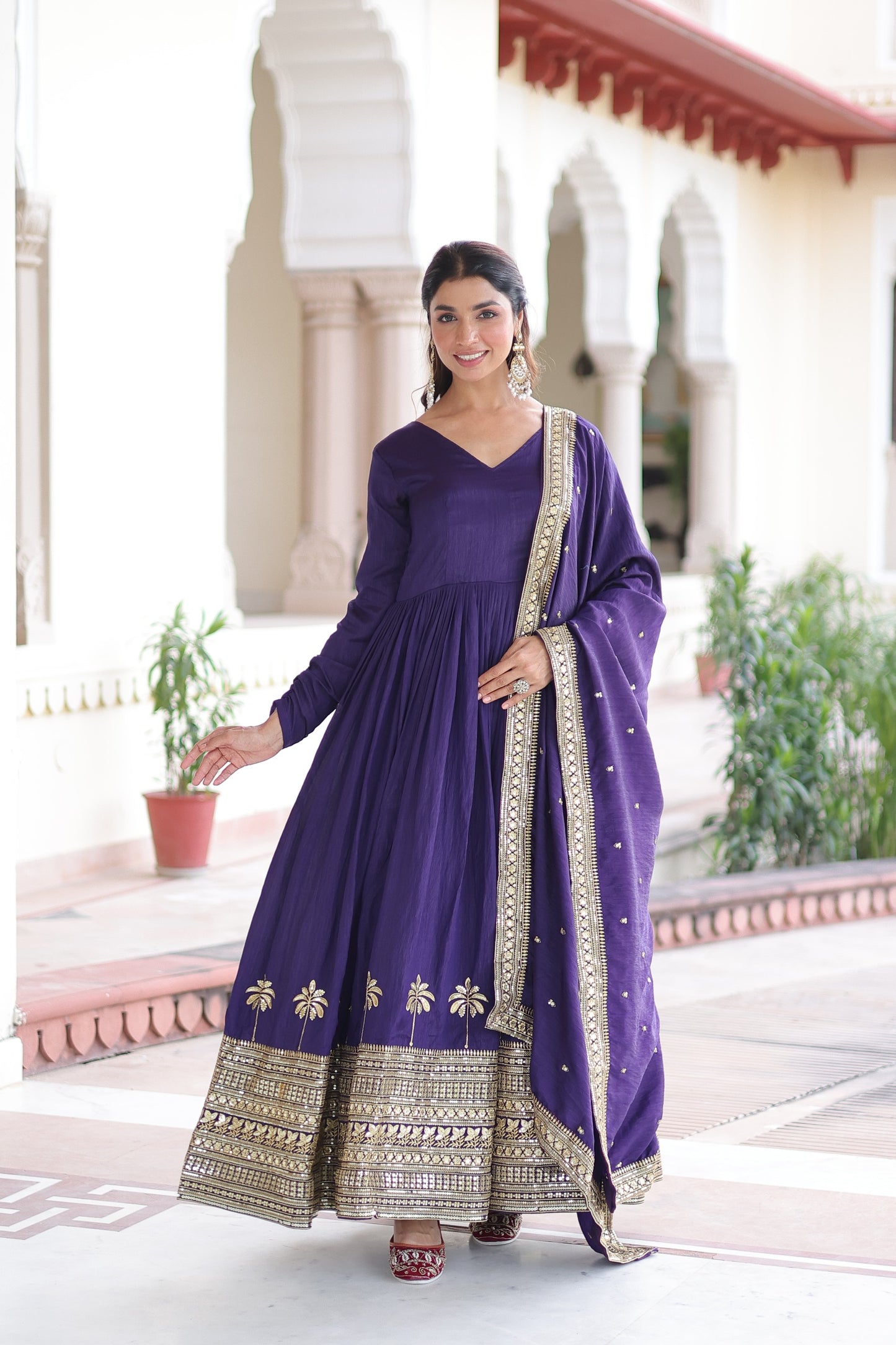 Designer Vichitra Silk Gown with Sequins Embroidery & Lace Dupatta