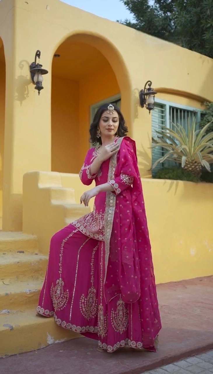 Designer Eid Collection 3 Piece Kurti Palazzo Set with Moti & Sequin Embroidery