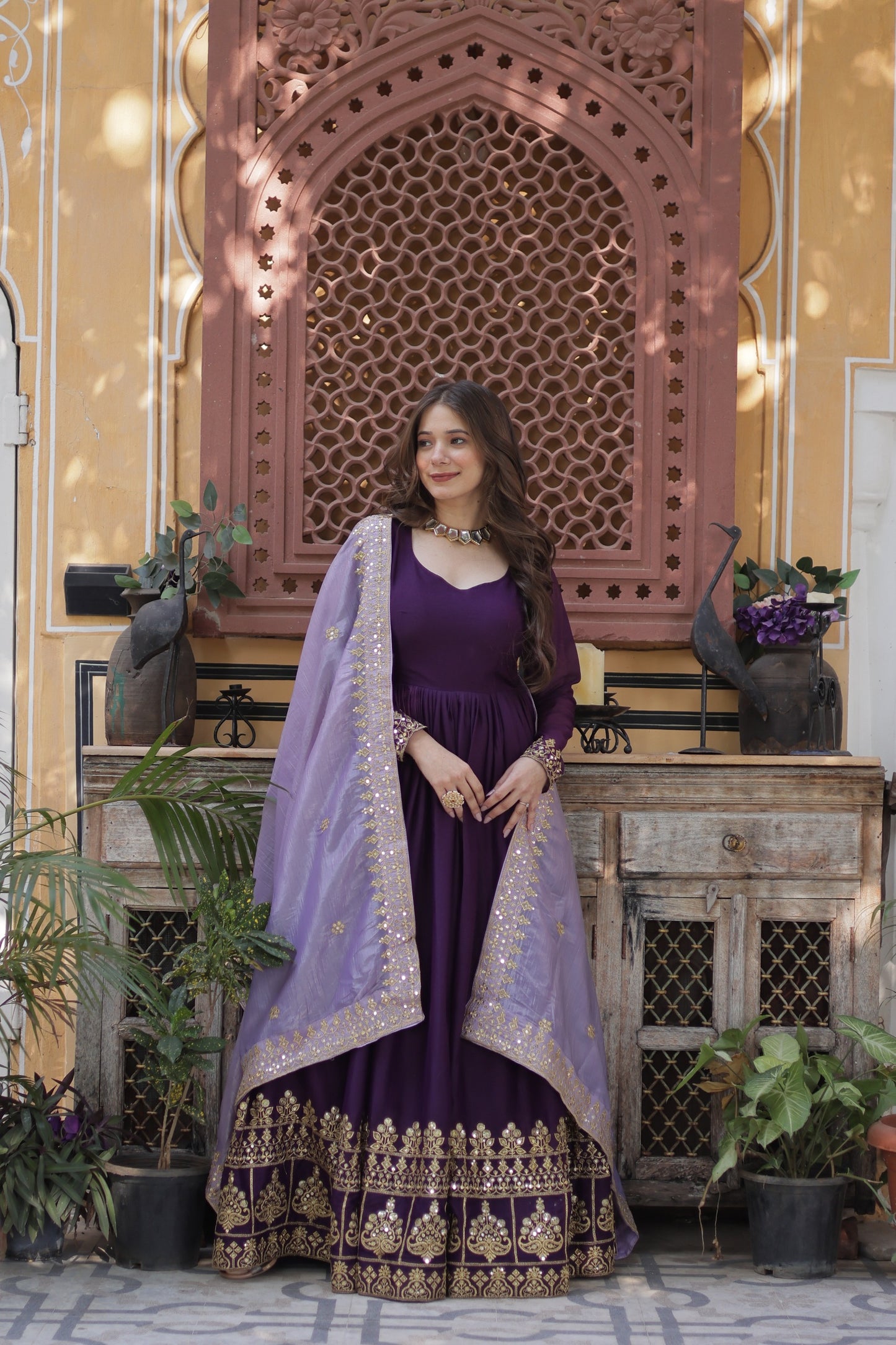 Premium Star Georgette Embroidered Zari Sequins Gown with Gold Crush Dupatta
