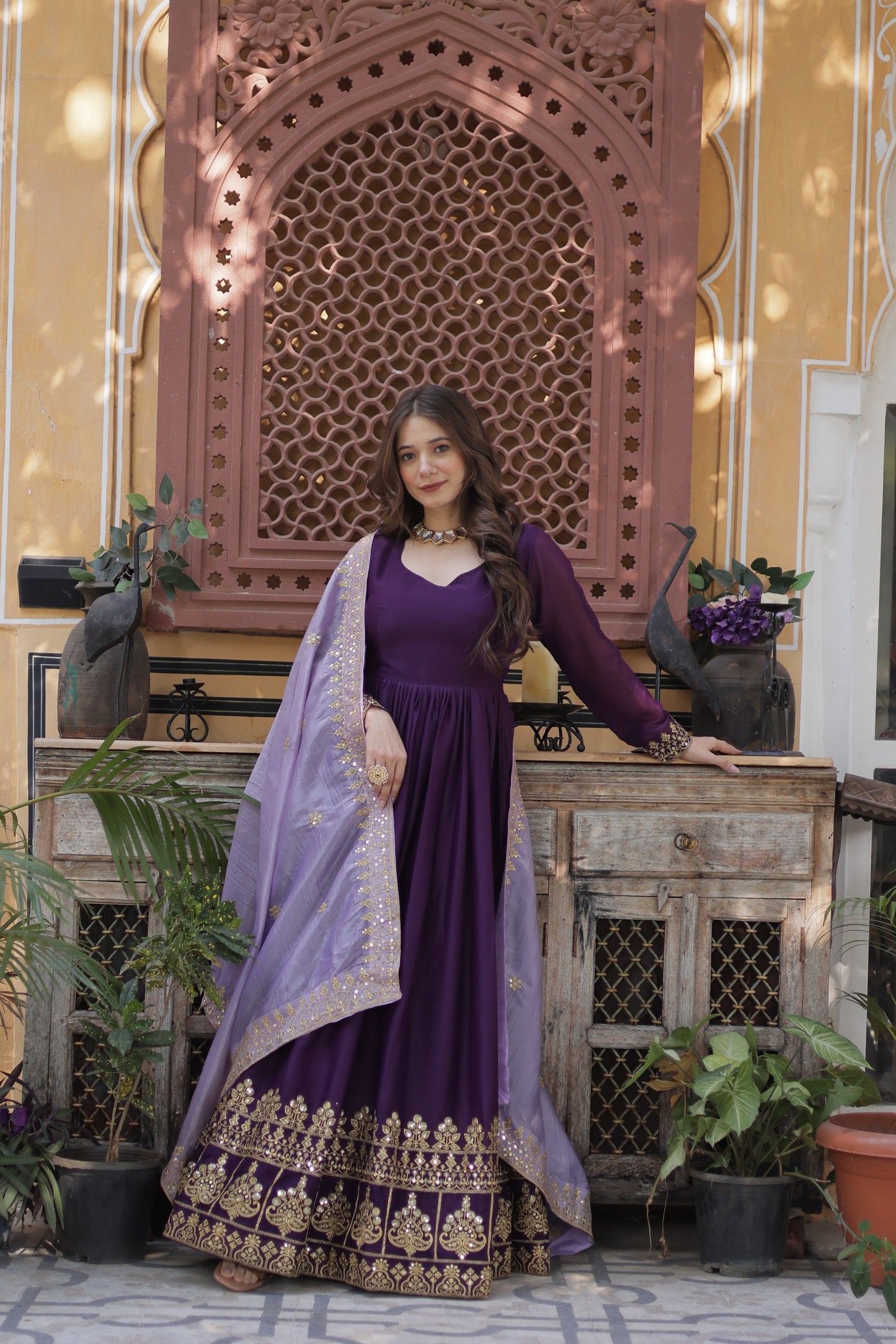 Premium Star Georgette Embroidered Zari Sequins Gown with Gold Crush Dupatta