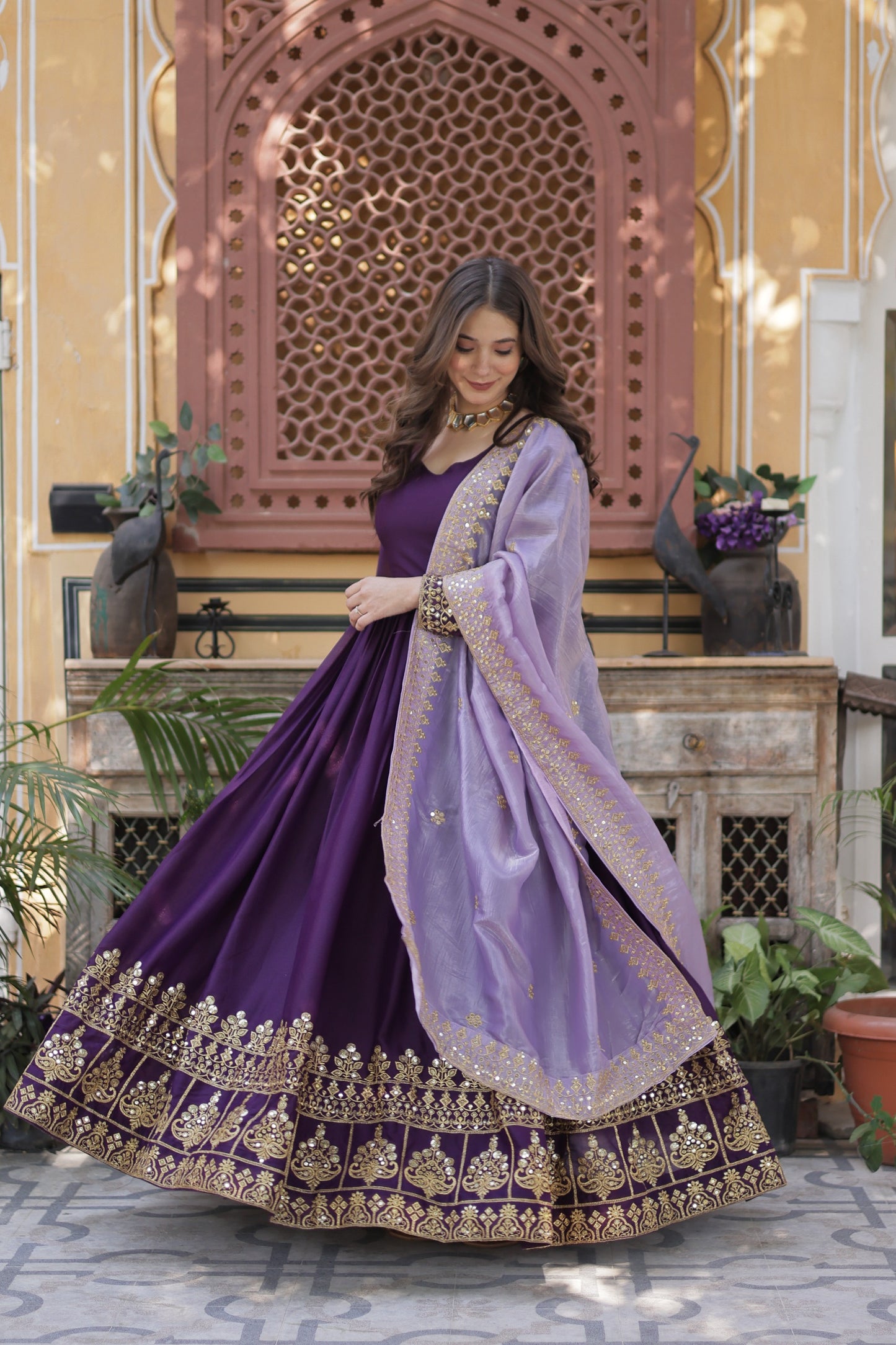 Premium Star Georgette Embroidered Zari Sequins Gown with Gold Crush Dupatta