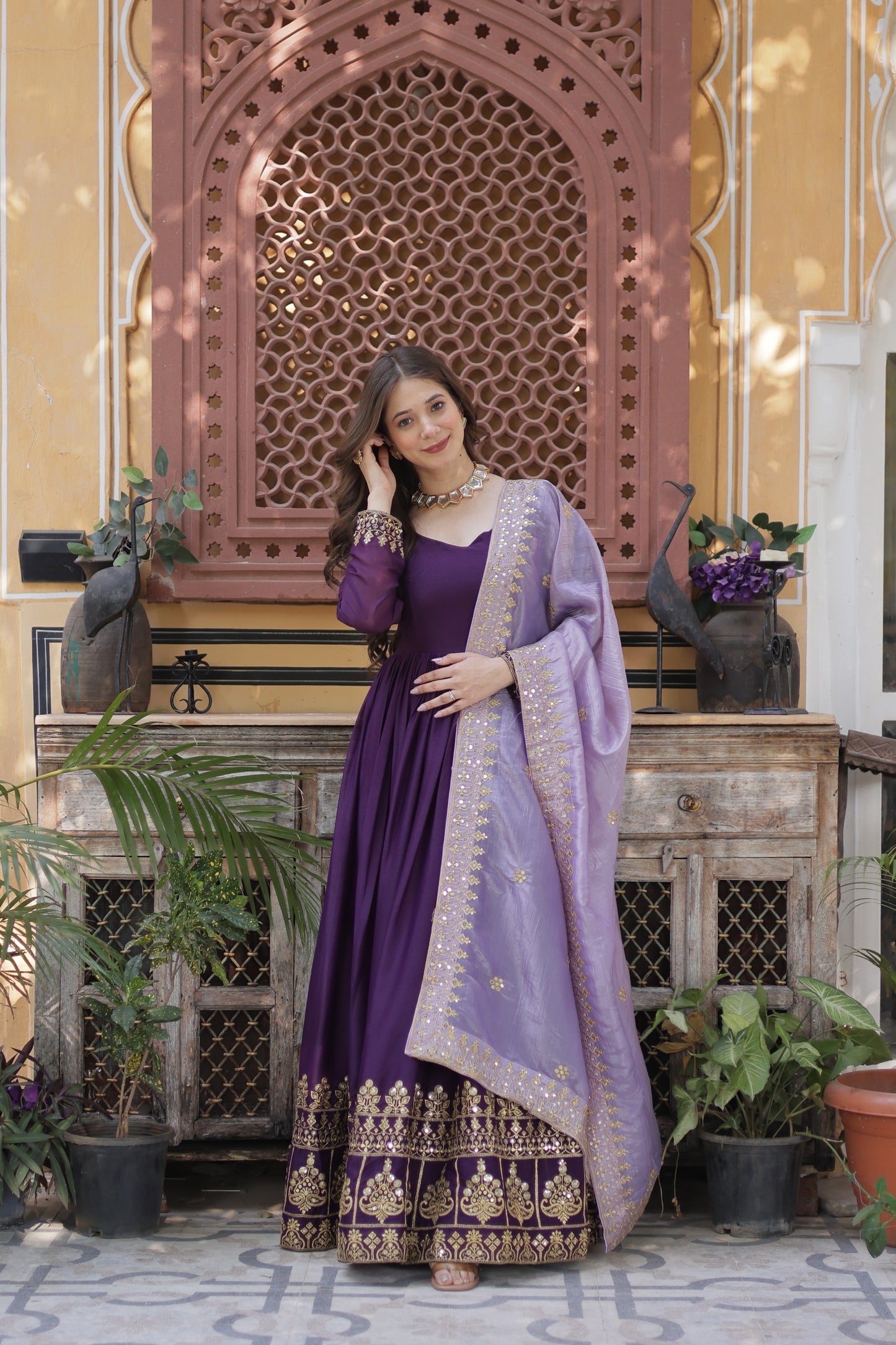 Premium Star Georgette Embroidered Zari Sequins Gown with Gold Crush Dupatta