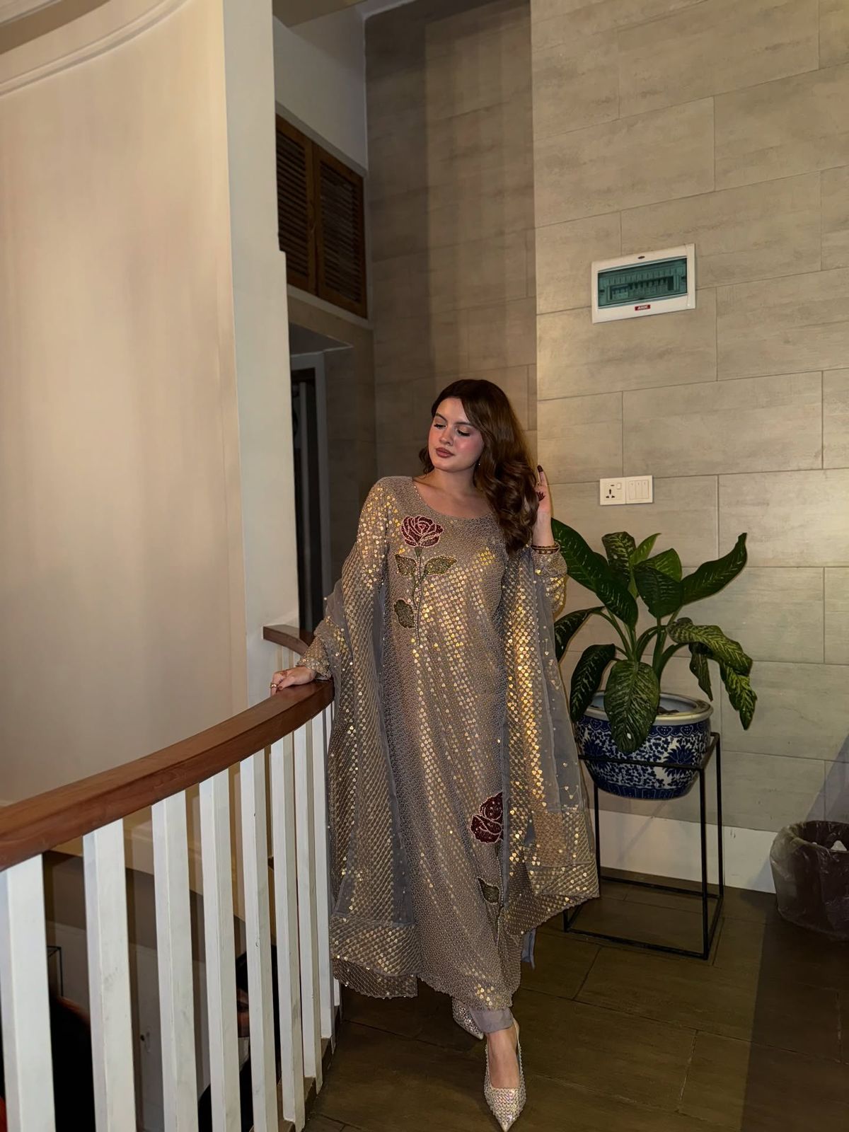 Festive Wear Faux Georgette Kurti Pant Dupatta Set with Heavy Sequin & Pearl Embroidery