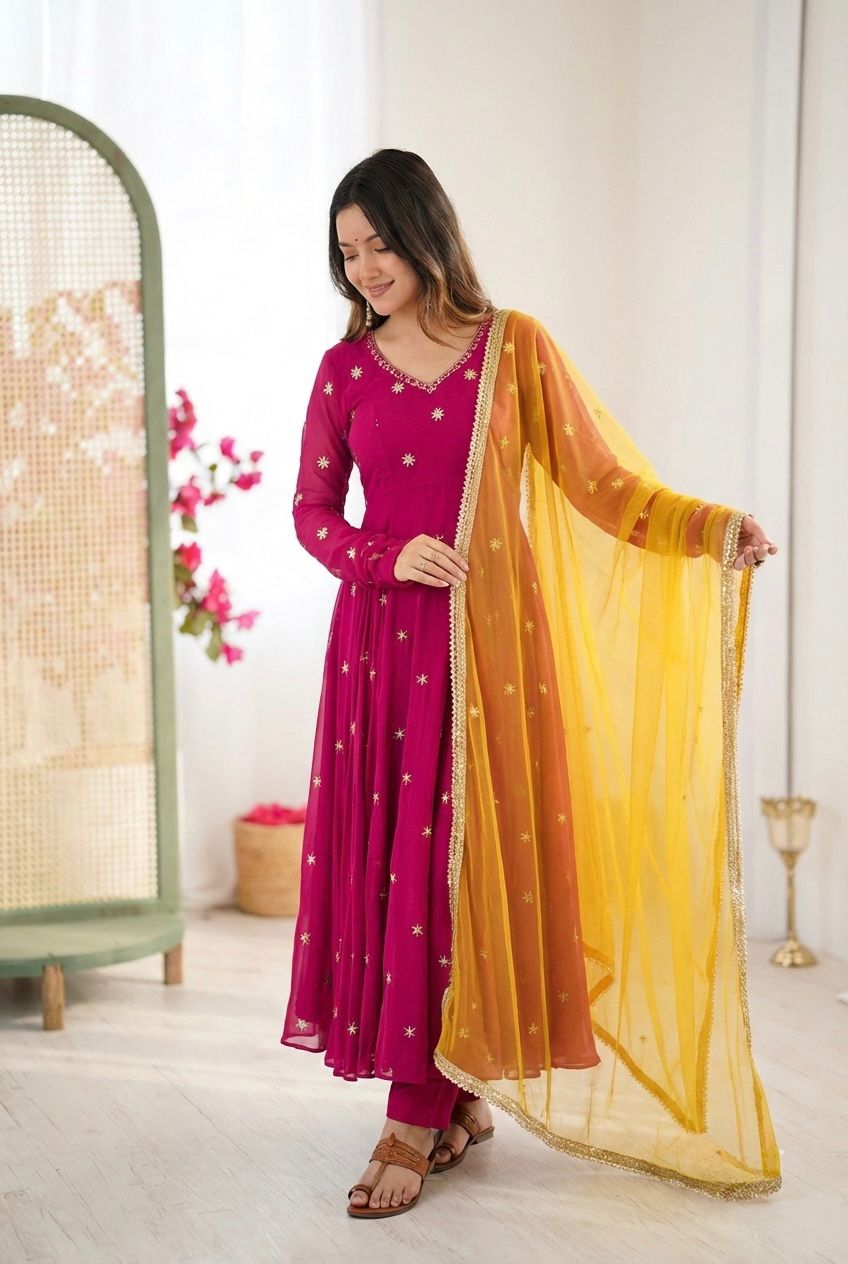Presenting New Designer Collection In Faux Georgette With Embroidery Work Gown And Dupatta Set Fully Stitched Ready To Wear