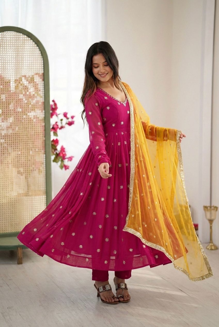 Presenting New Designer Collection In Faux Georgette With Embroidery Work Gown And Dupatta Set Fully Stitched Ready To Wear