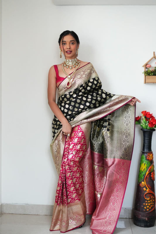 Ready to Wear Cotton Silk Saree with Golden Weaving – One Minute Pre-Stitched Saree with Rich Blouse