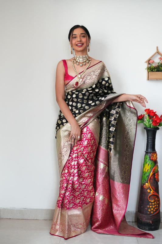 Ready to Wear Cotton Silk Saree with Golden Weaving – One Minute Pre-Stitched Saree with Rich Blouse