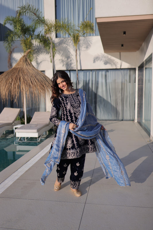 Ready-Made Velvet Top-Pant Set with Zari Embroidery & Sequined Fendi Dupatta – Party & Festival Wear