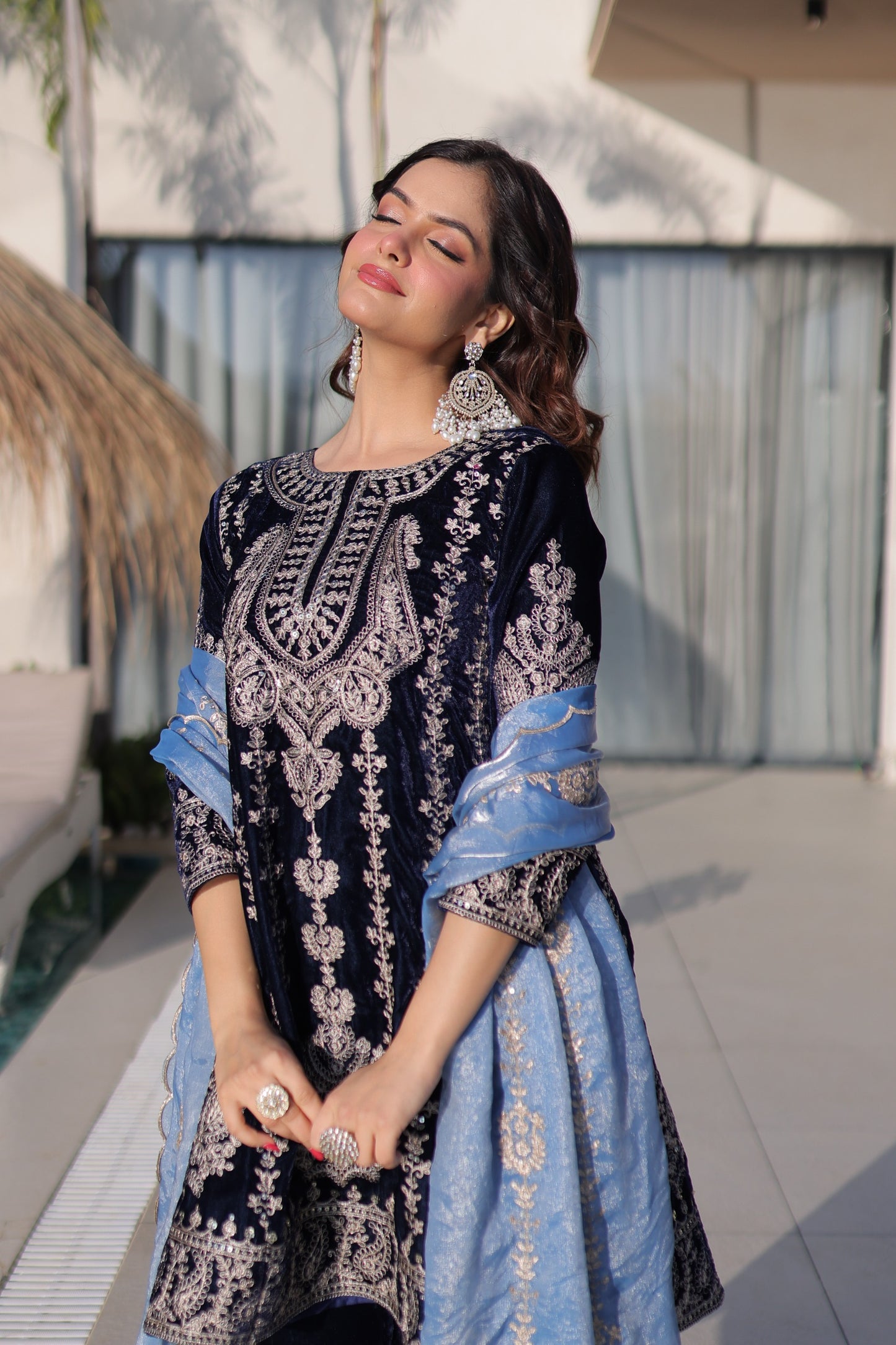 Ready-Made Velvet Top-Pant Set with Zari Embroidery & Sequined Fendi Dupatta – Party & Festival Wear