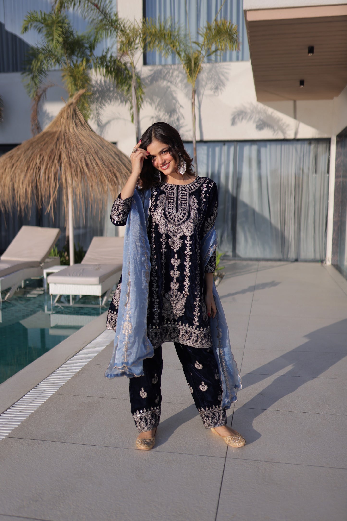 Ready-Made Velvet Top-Pant Set with Zari Embroidery & Sequined Fendi Dupatta – Party & Festival Wear