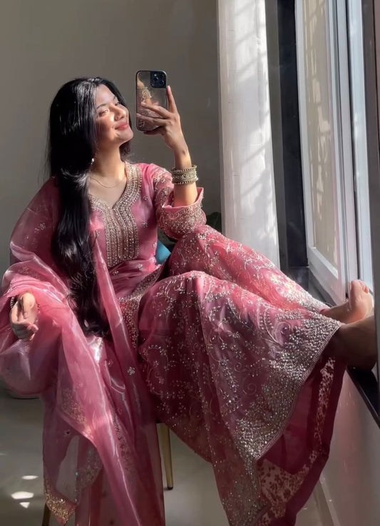 Premium GMY Silk Embroidered Top-Plazzo-Dupatta Set – Party & Festival Wear Collection