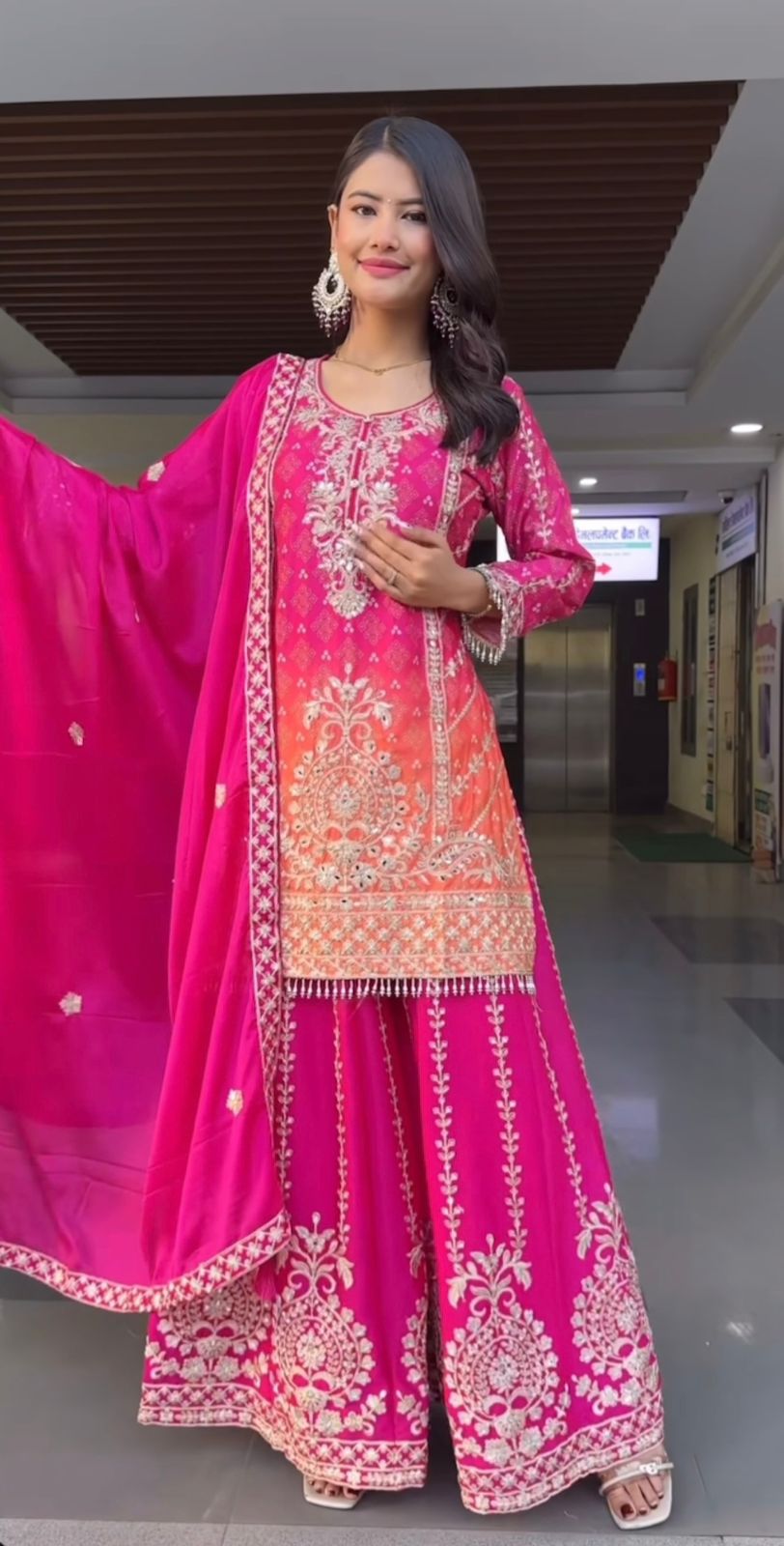 Pure Heavy Chinnon Silk Embroidered Top Plazzo Dupatta Set with Coding Sequin Work