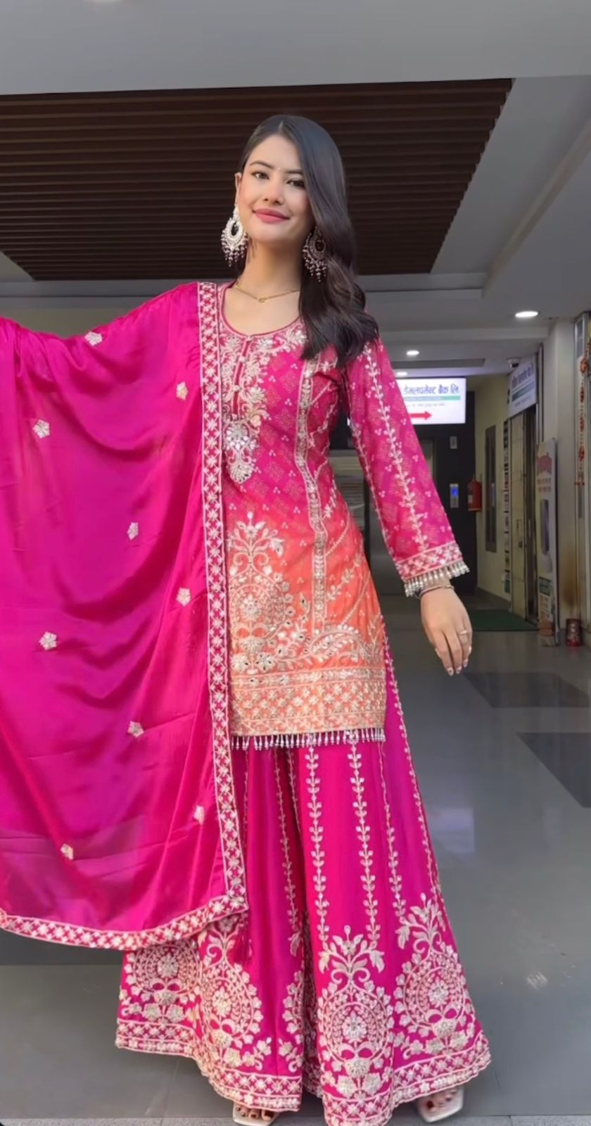 Pure Heavy Chinnon Silk Embroidered Top Plazzo Dupatta Set with Coding Sequin Work