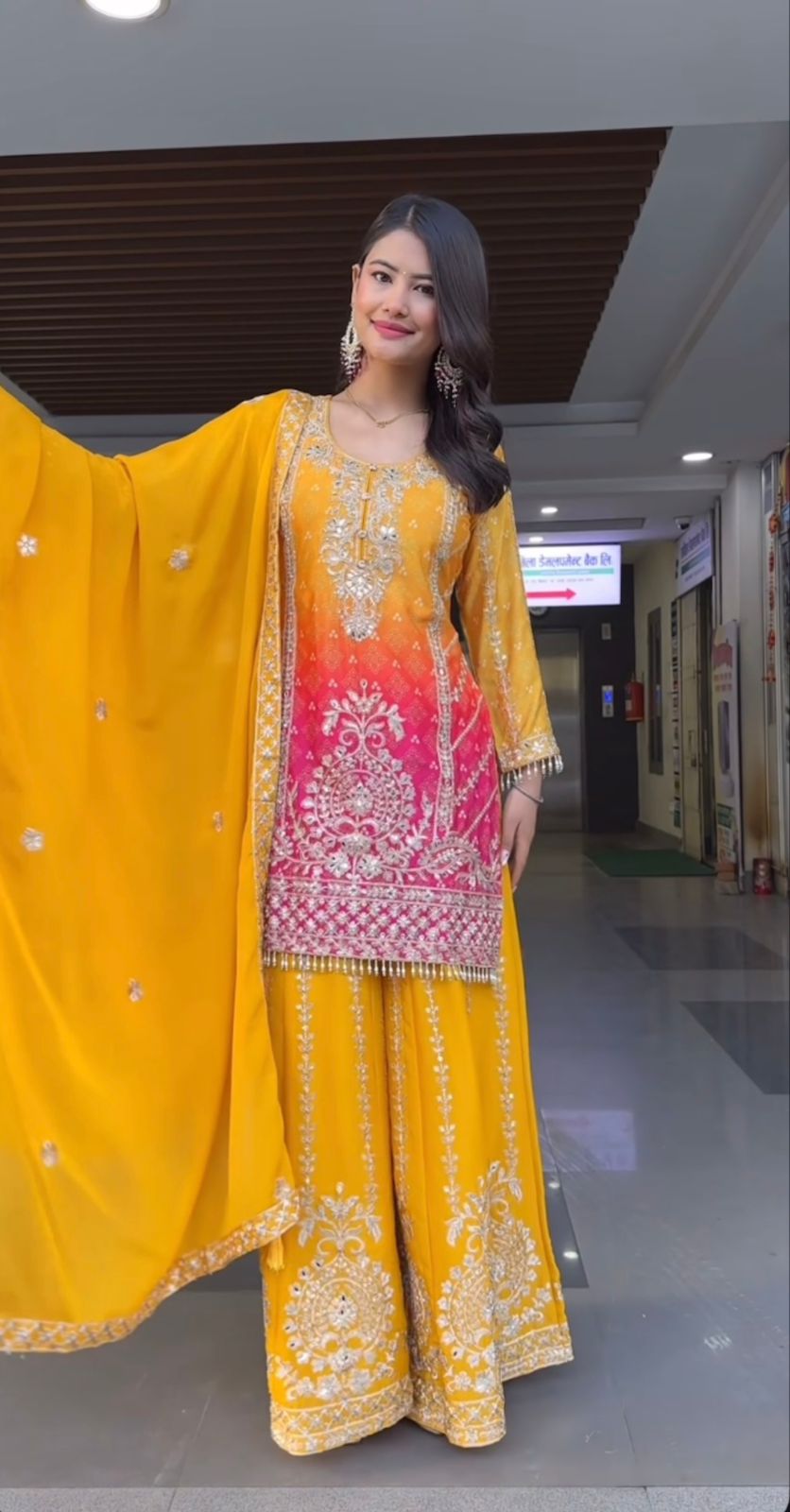 Pure Heavy Chinnon Silk Embroidered Top Plazzo Dupatta Set with Coding Sequin Work