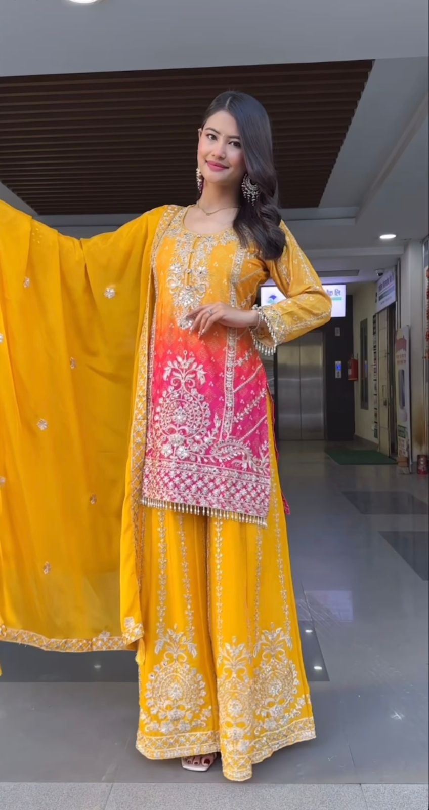 Pure Heavy Chinnon Silk Embroidered Top Plazzo Dupatta Set with Coding Sequin Work