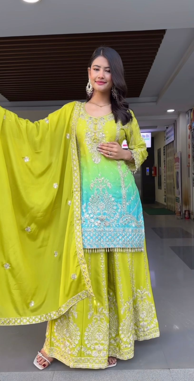 Pure Heavy Chinnon Silk Embroidered Top Plazzo Dupatta Set with Coding Sequin Work