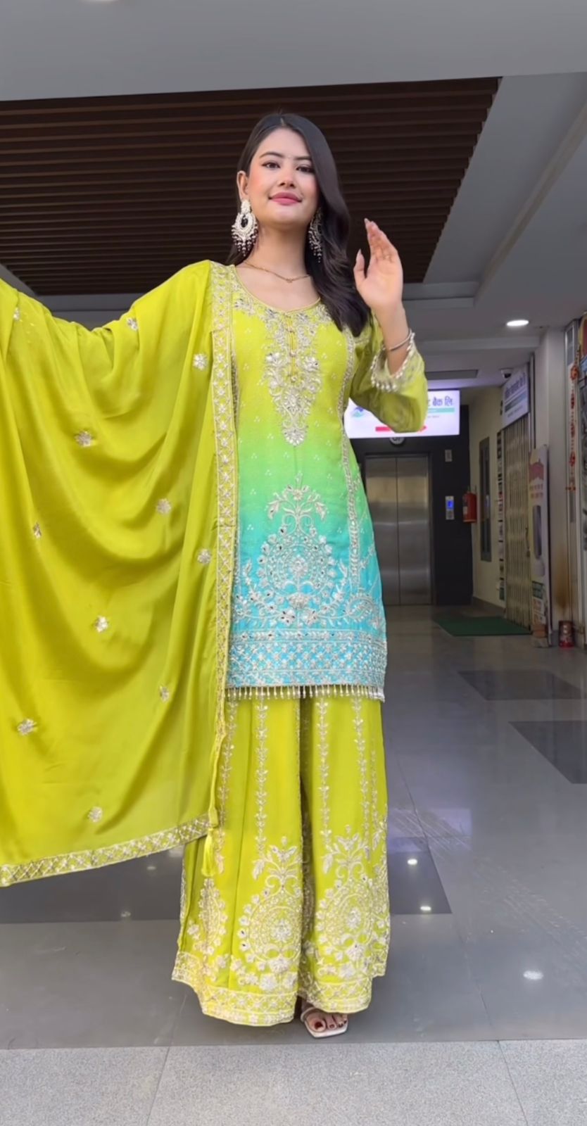 Pure Heavy Chinnon Silk Embroidered Top Plazzo Dupatta Set with Coding Sequin Work
