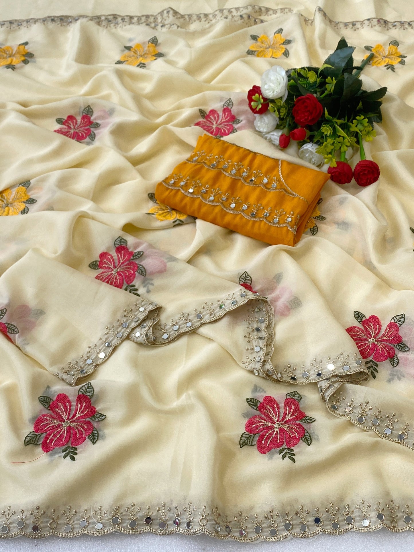 Premium Embroidered Georgette Saree with Heavy Front & Back Blouse