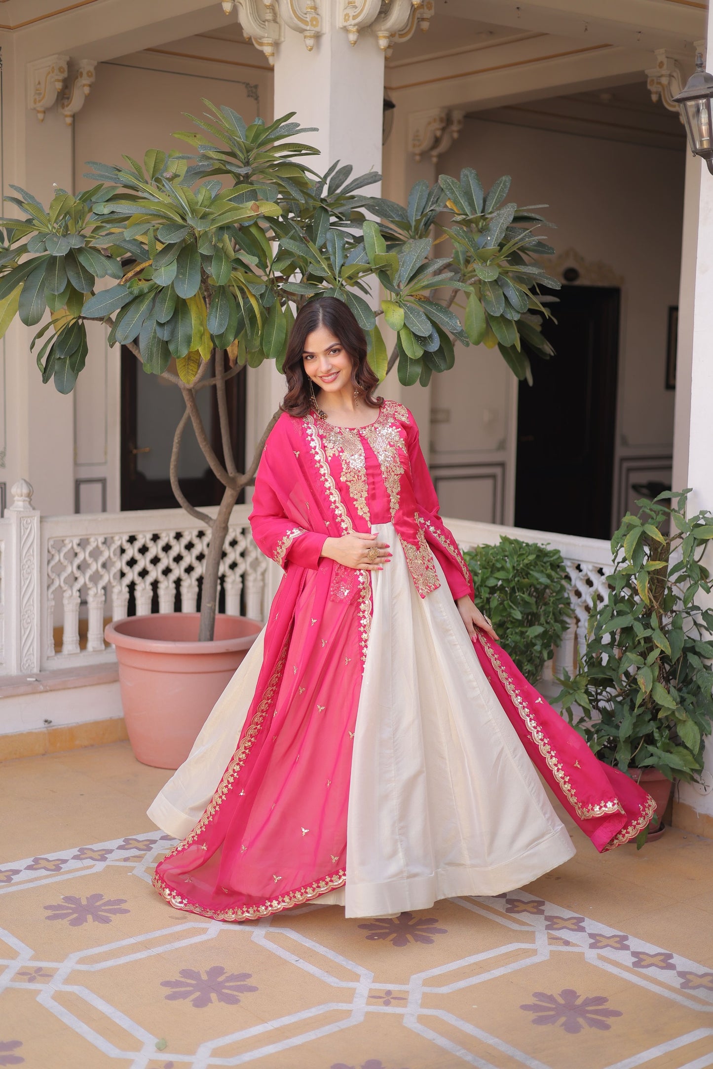 Designer Sequin Embroidered Gown with Tabby Silk Dupatta