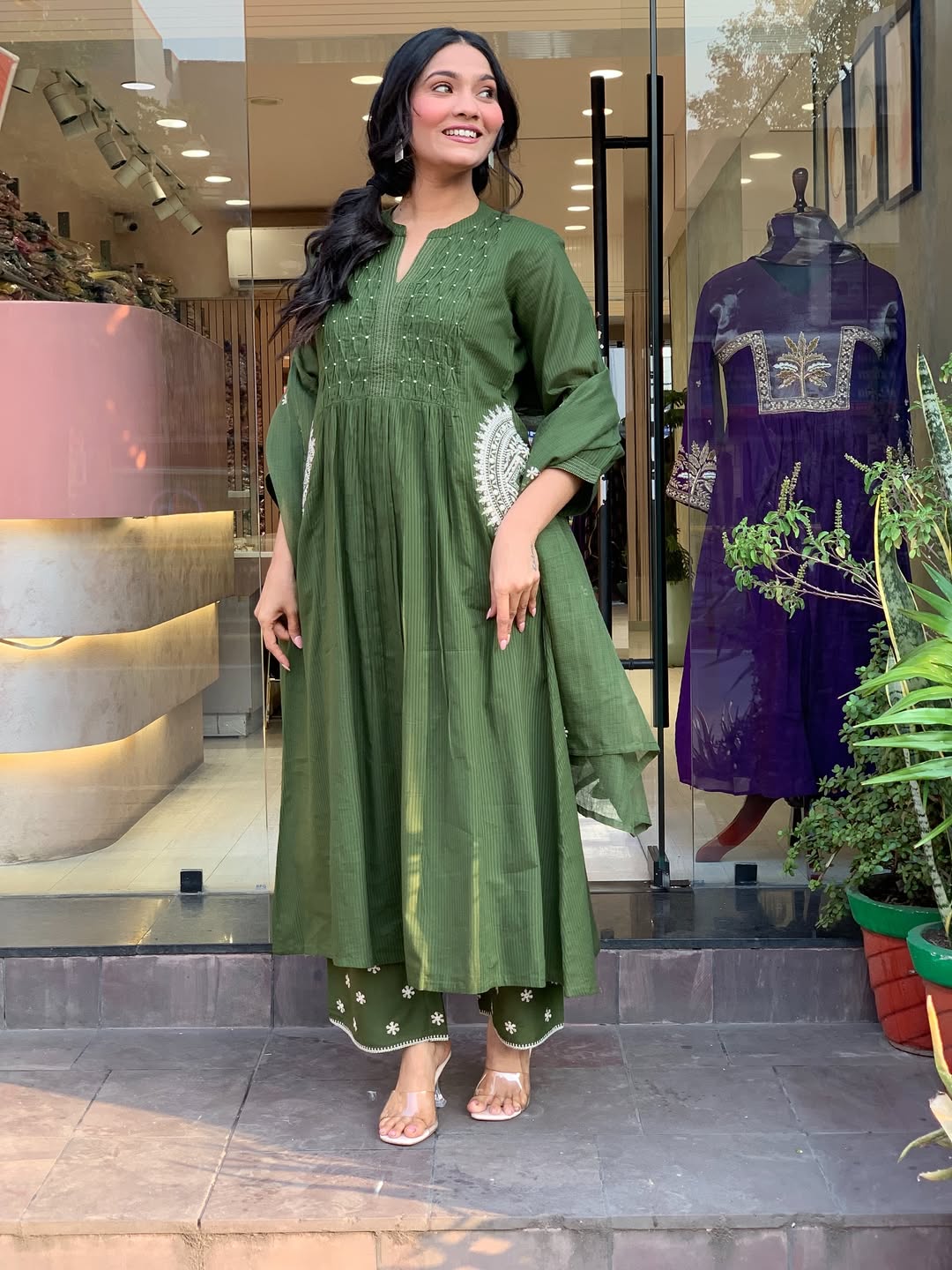 Green Velly Pure Cotton Handwork Suit Set