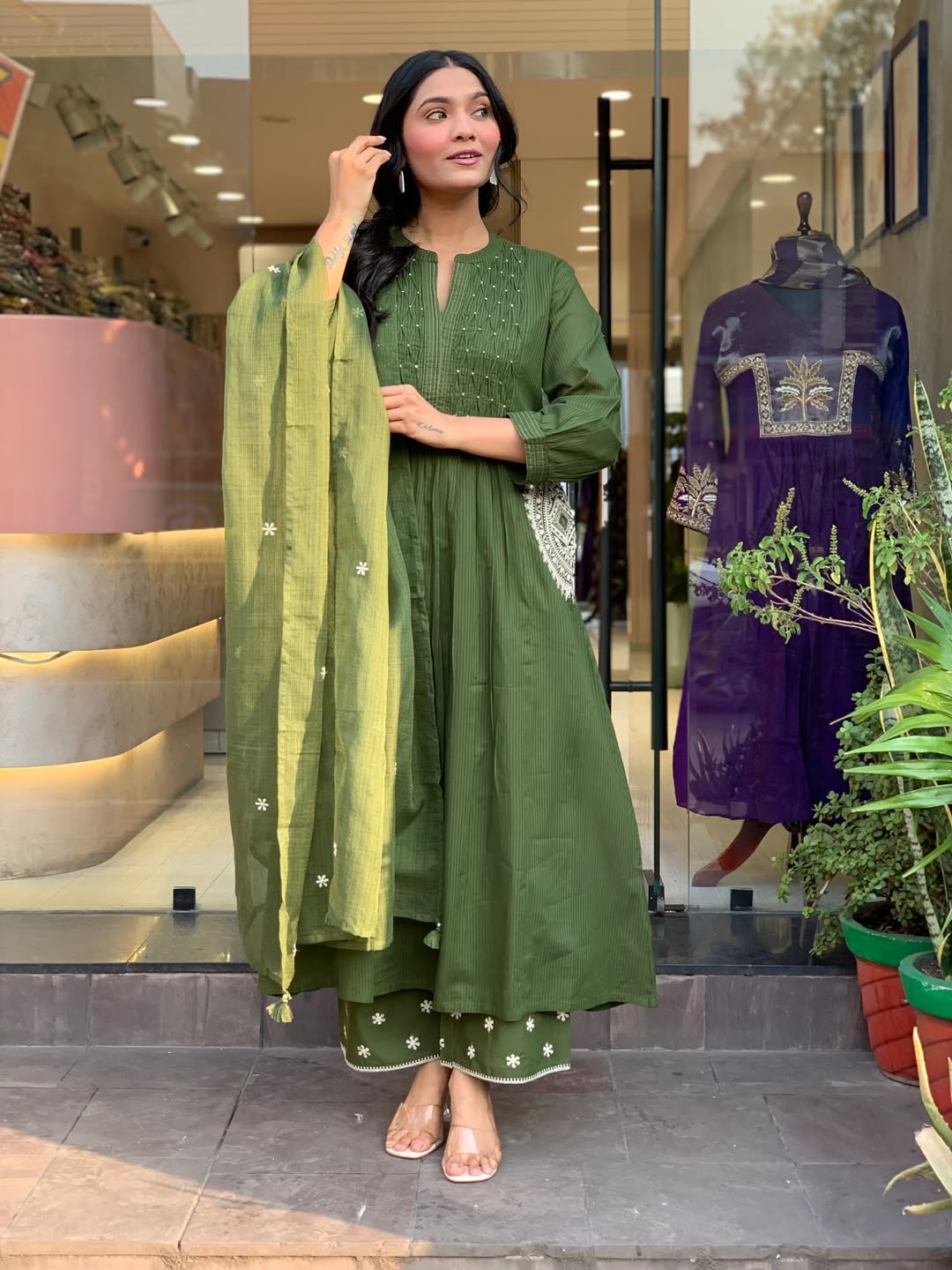 Green Velly Pure Cotton Handwork Suit Set