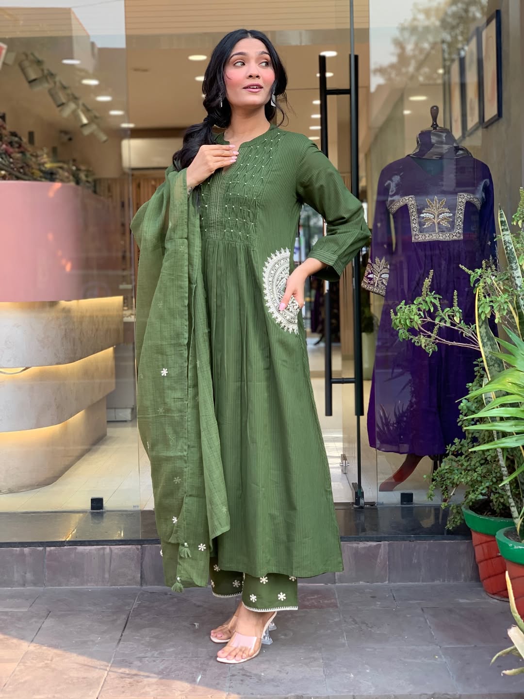 Green Velly Pure Cotton Handwork Suit Set
