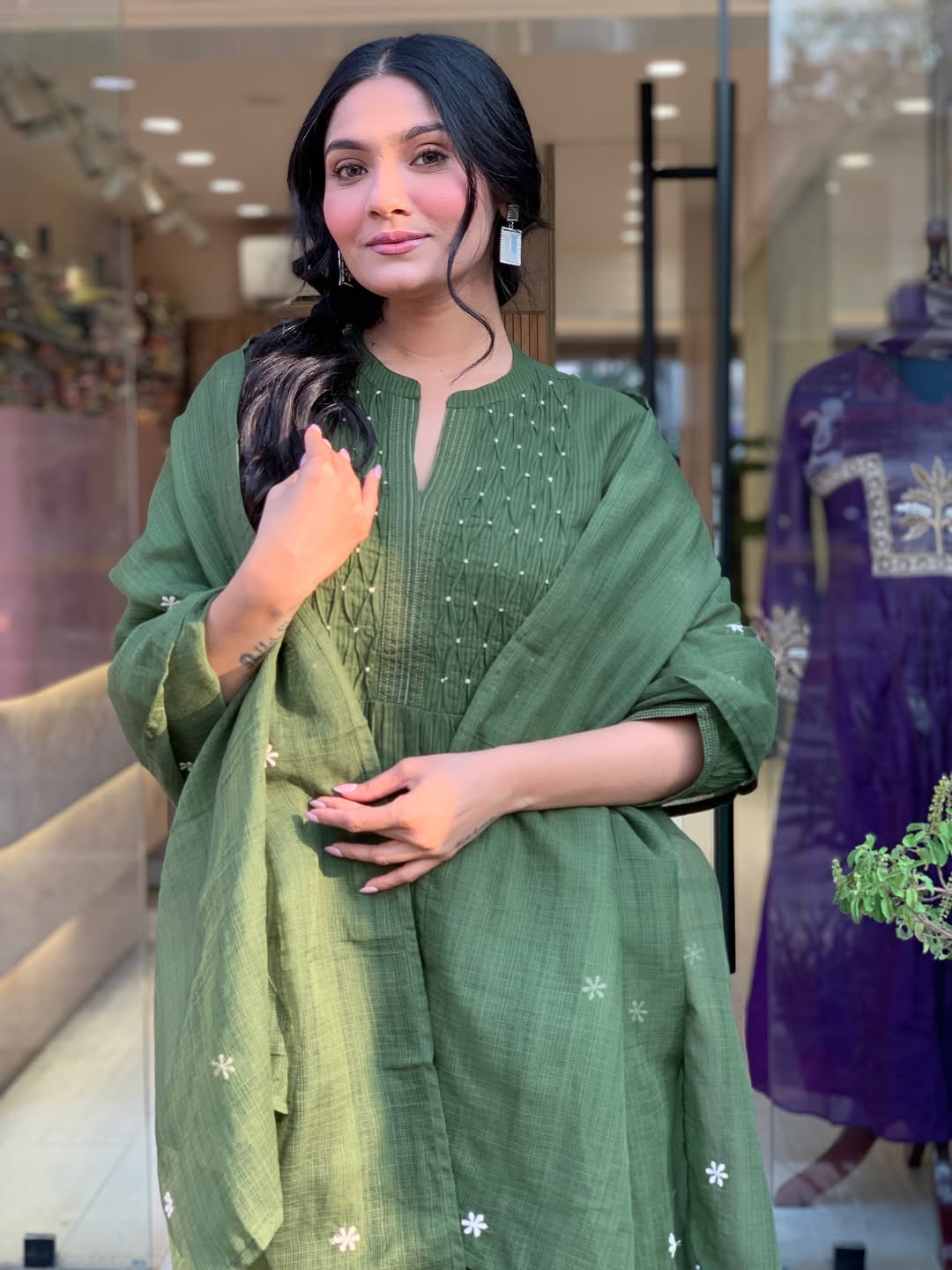 Green Velly Pure Cotton Handwork Suit Set